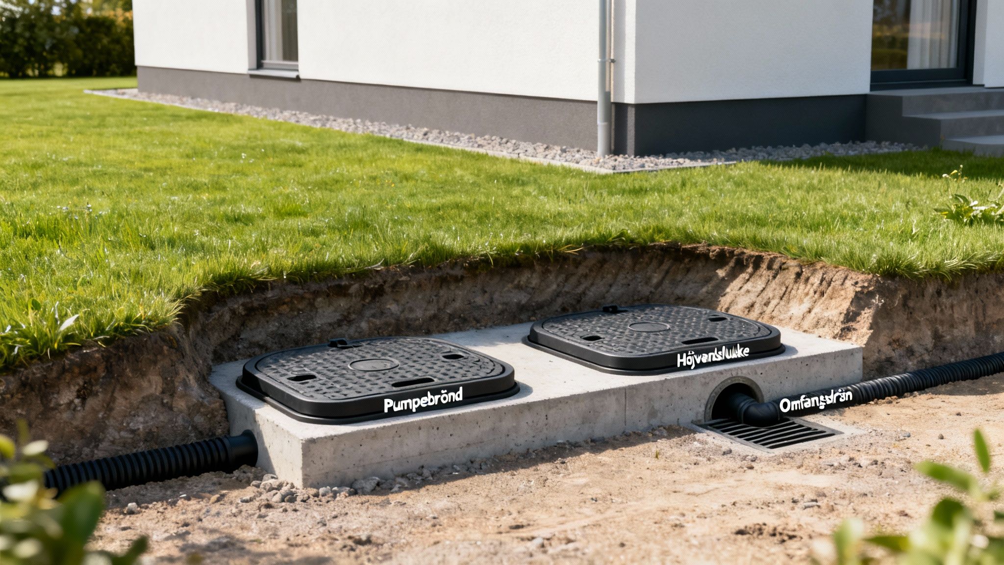 Installation af et dræningssystem udenfor et hus med pumpebrønd, højvandslukke og omfangsdræn.