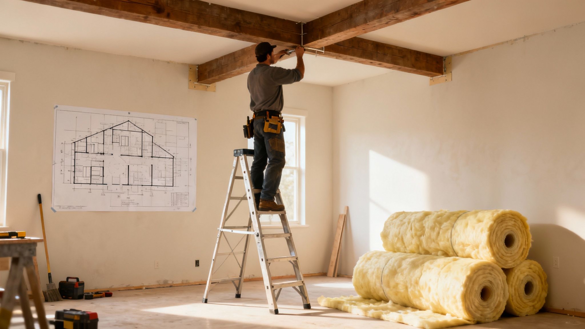 Håndværker installerer isolering i loft med synlige bjælker under renovering af bolig