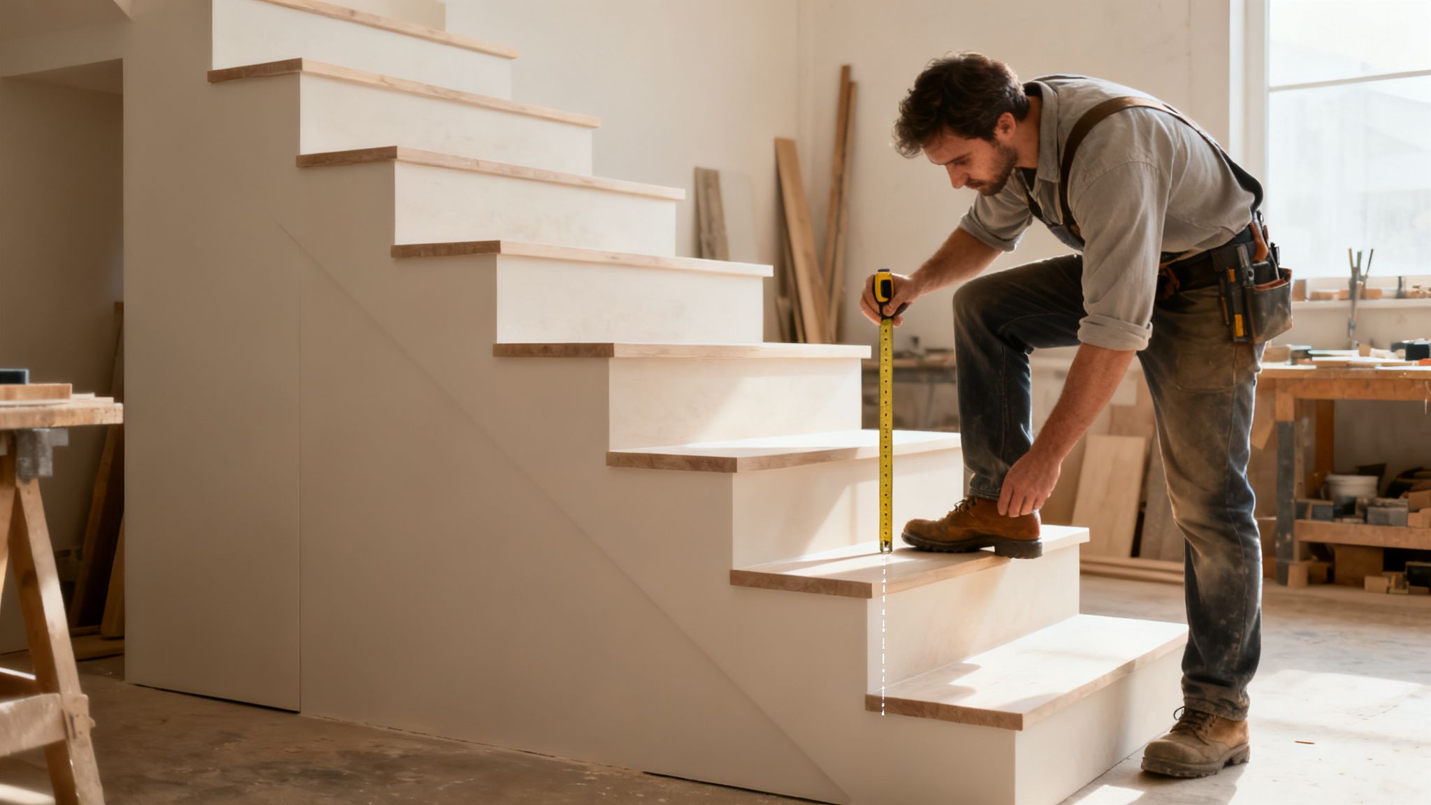 En mand i arbejdstøj måler højden på et trappetrin med et målebånd i et værksted.