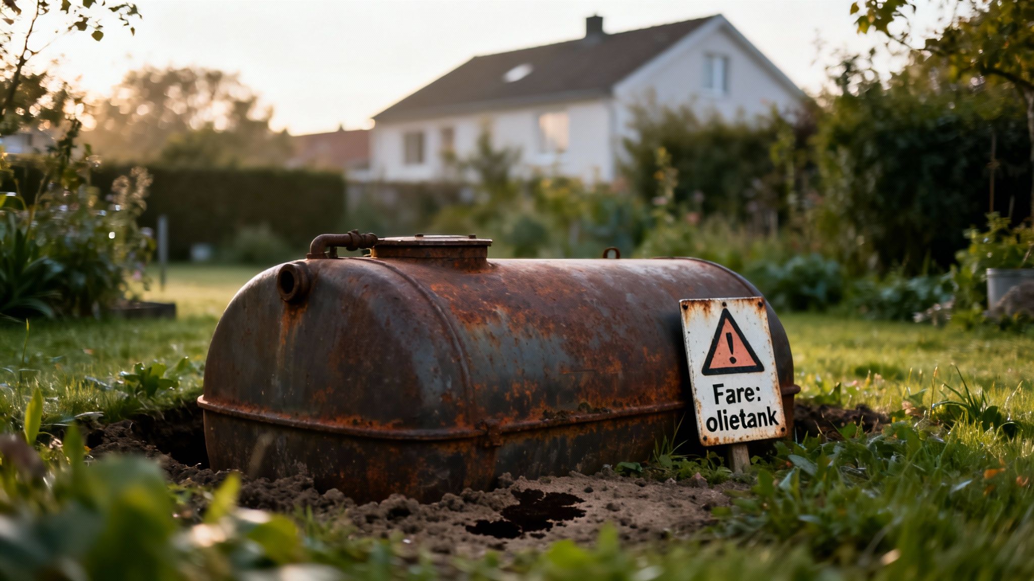 Rusten olietank delvist begravet i en grøn have med et advarselsskilt: 'Fare: olietank'.