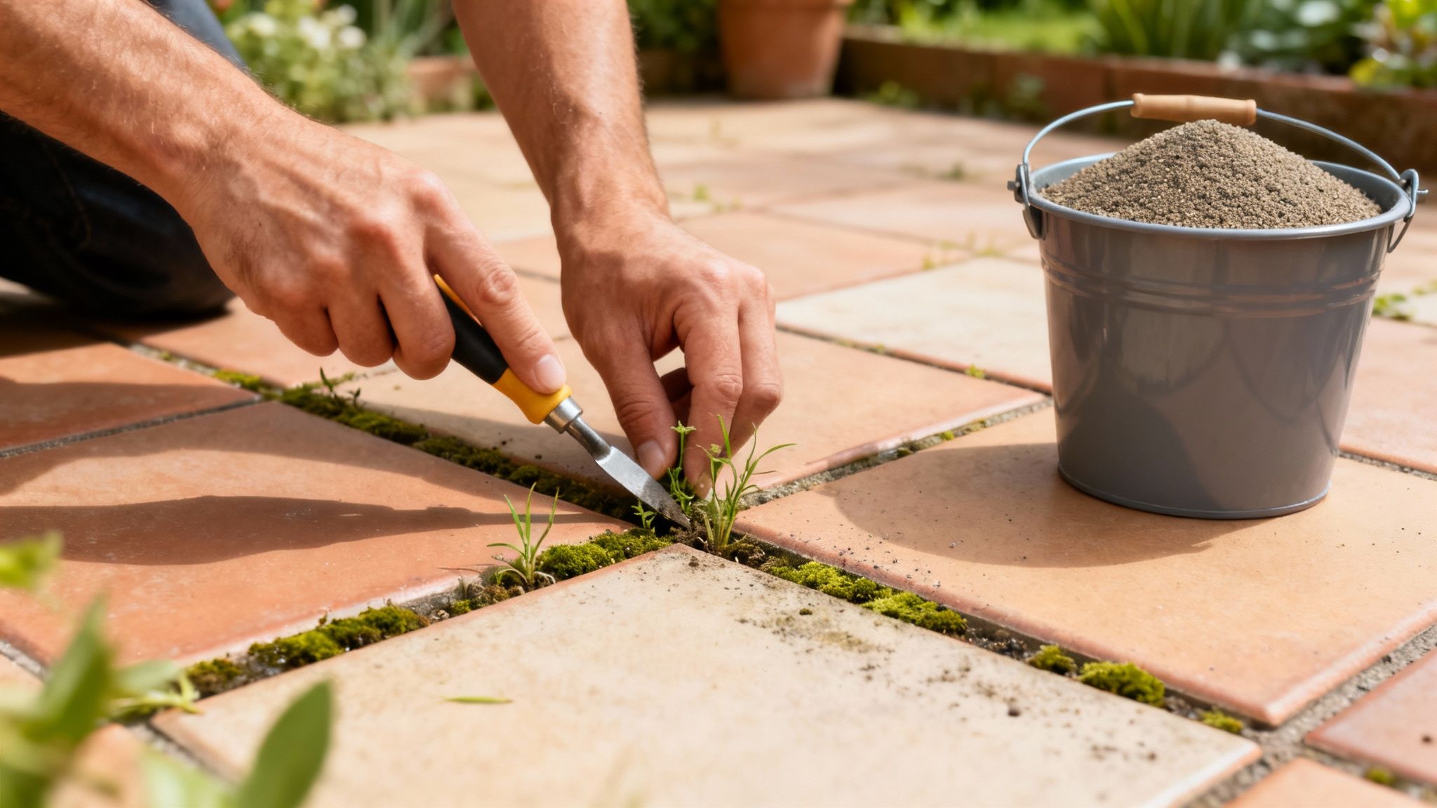 En person fjerner ukrudt og mos mellem terrassens fliser med et redskab. En spand med fugemasse står ved siden af.