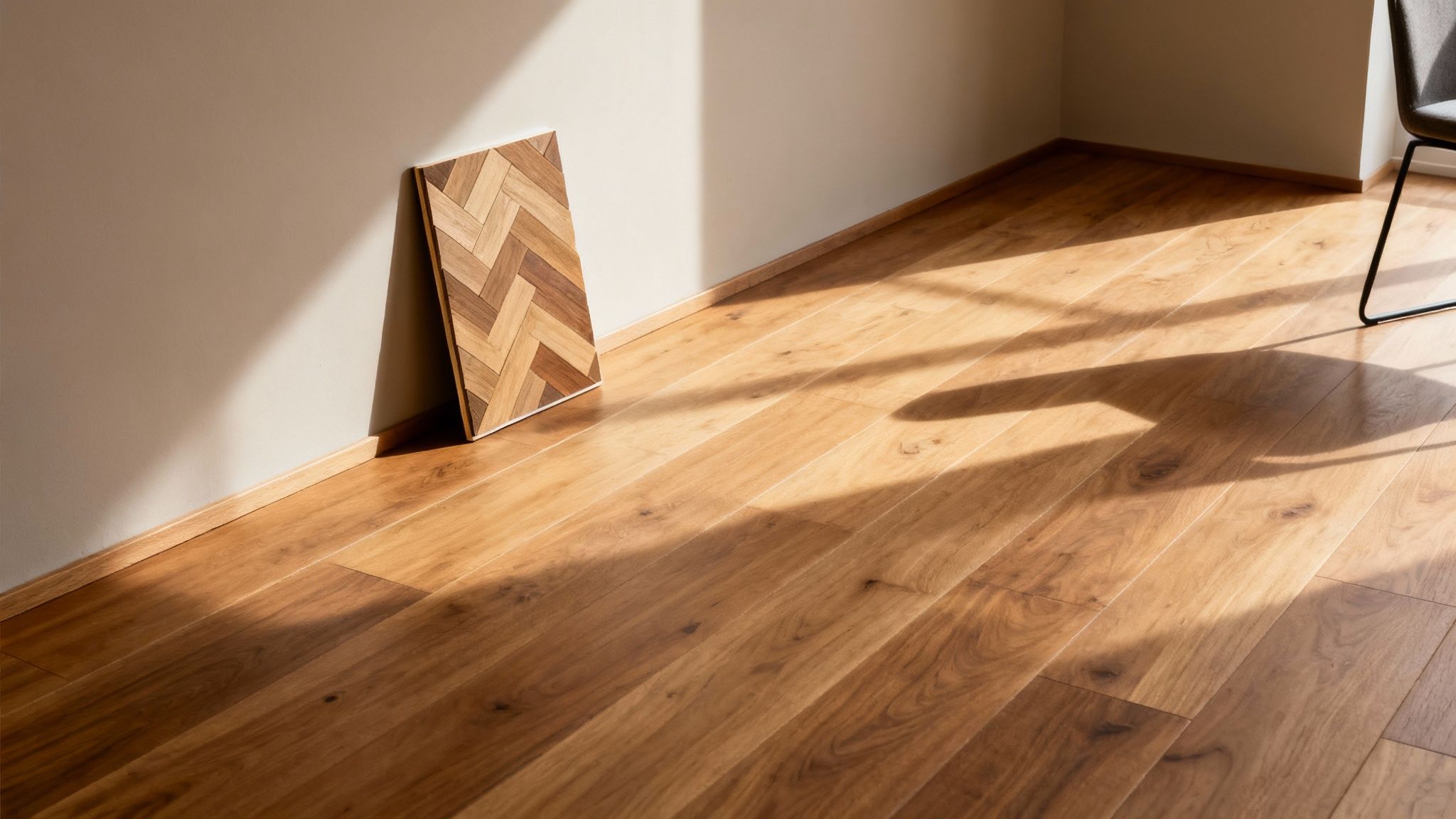 Lyst trægulv i et rum med sollys, en sildebensparketprøve mod væggen og skyggen af en stol.