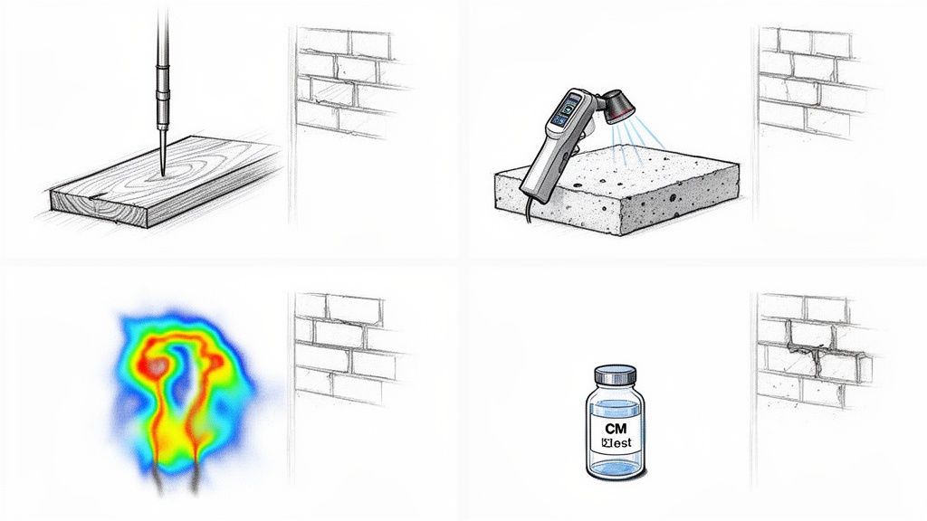 Illustration af forskellige testmetoder til at identificere fugt i træ, beton og murværk.