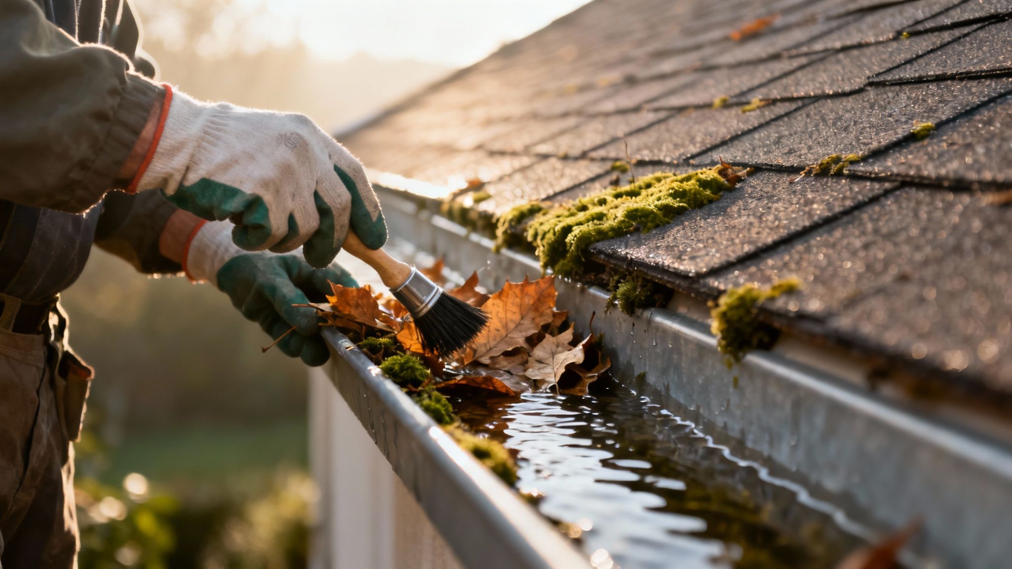 En person i handsker rengør en tagrende fyldt med blade, mos og vand med en børste.