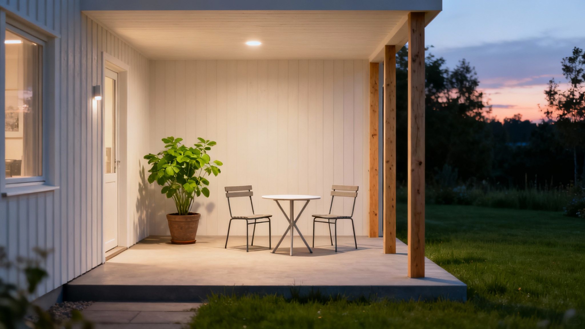 Moderne overdækket terrasse med bord, stole og plante ved solnedgang i have