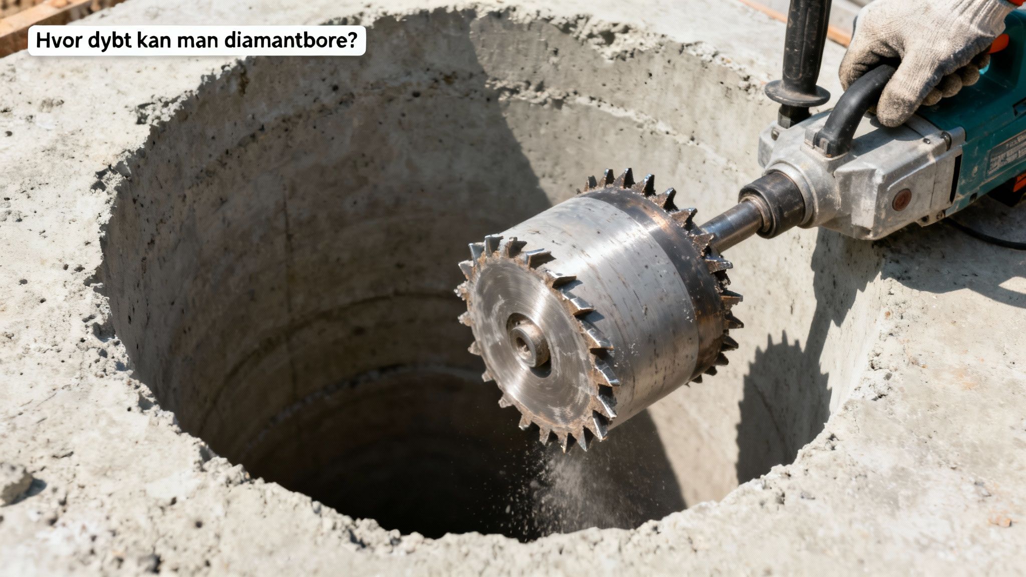 En person diamantborer et dybt hul i beton med en stor boremaskine, og der falder støv ned.