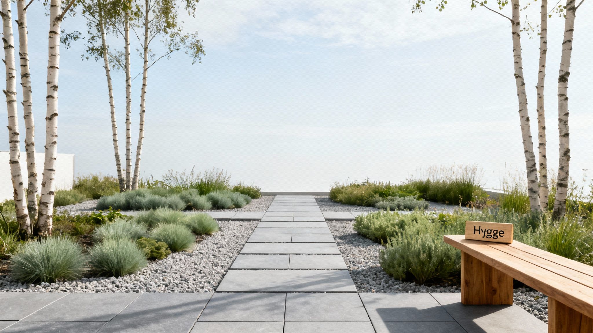 Et moderne haveanlæg med en sti af fliser, omgivet af grønne planter og birketræer. En træbænk med et 'Hygge'-skilt står til højre.