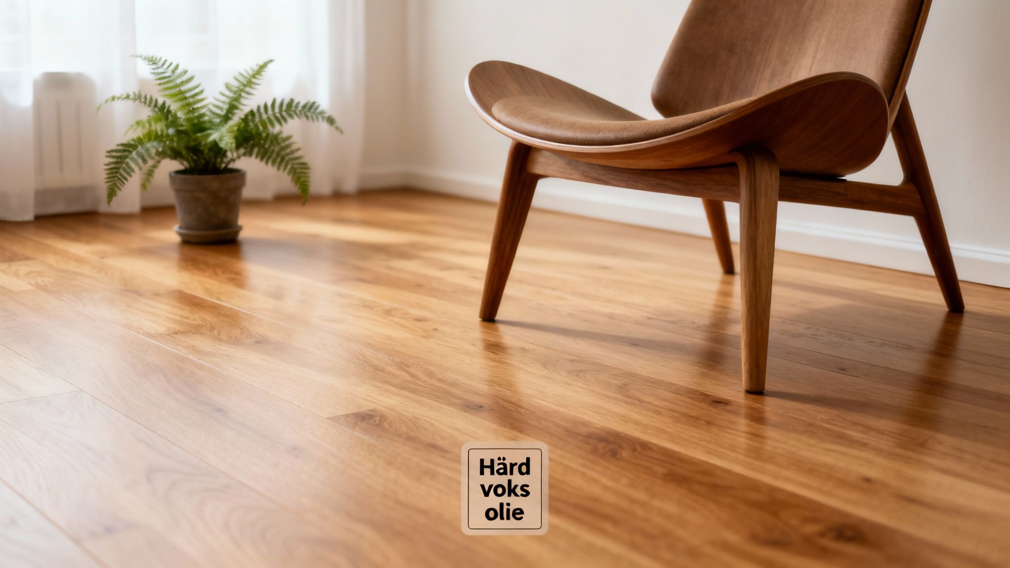 Et moderne rum med et smukt trægulv, en elegant stol og en grøn plante, der fremviser hård voks olie.