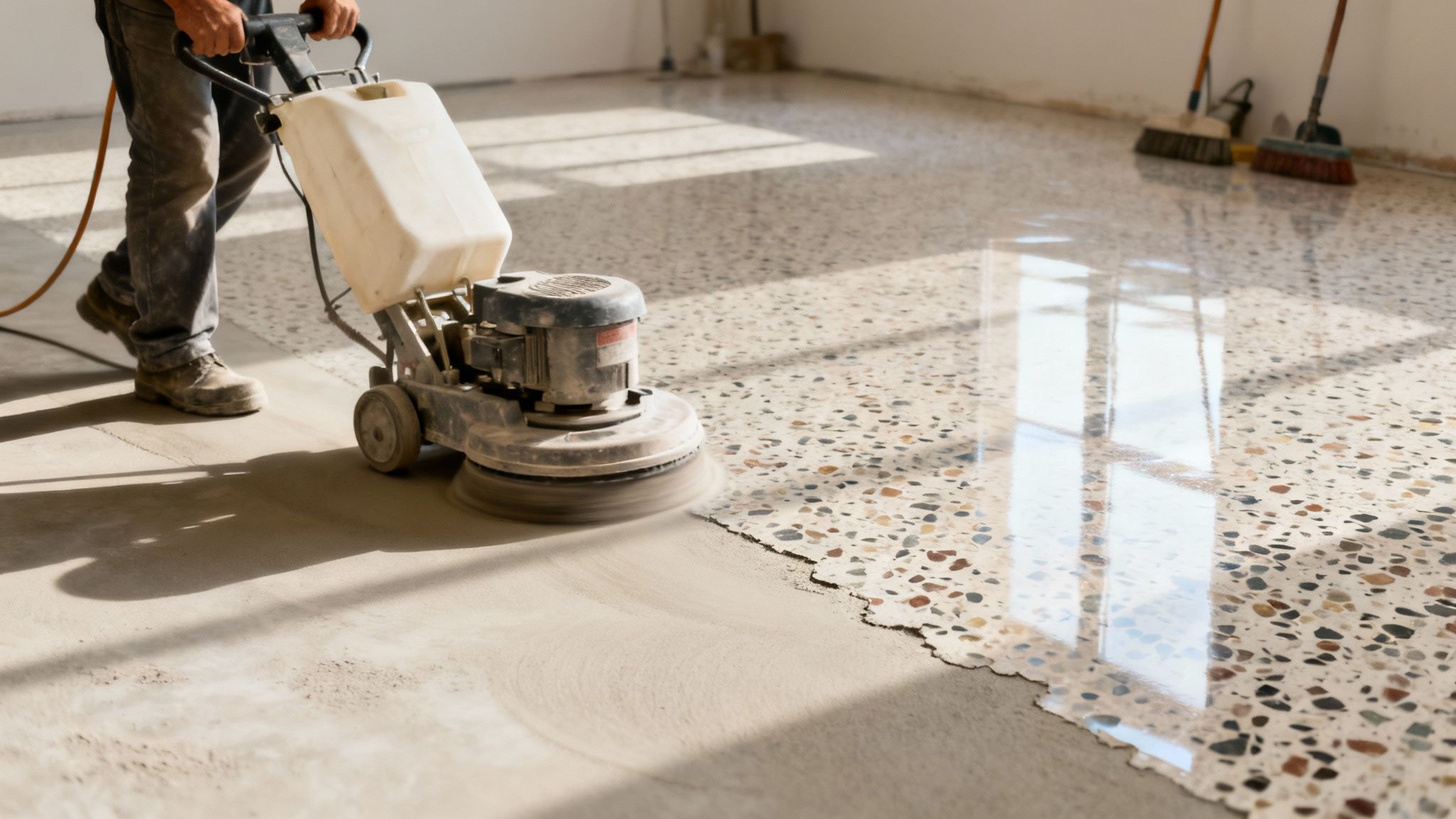 En person polerer et terrazzogulv med en maskine, der afslører en skinnende overflade.