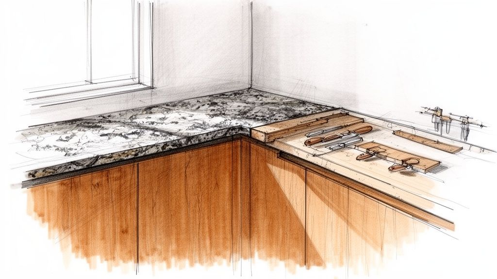 Detaljeret skitse af et køkkenhjørne med en granitbordplade og en træbordplade med værktøj.