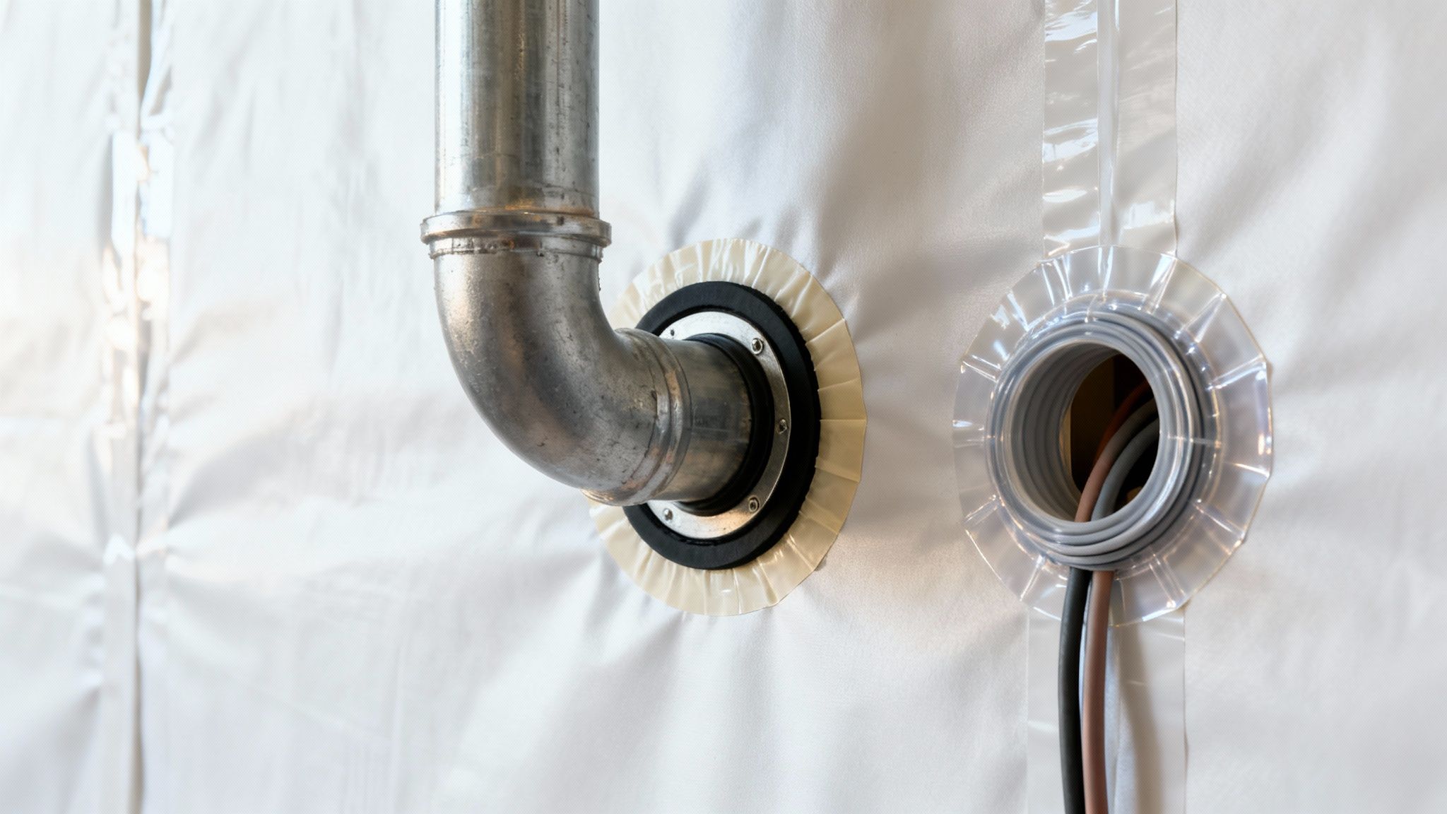 Metalrør og elkabler ført tæt gennem en hvid dampspærre med professionelle forseglinger.