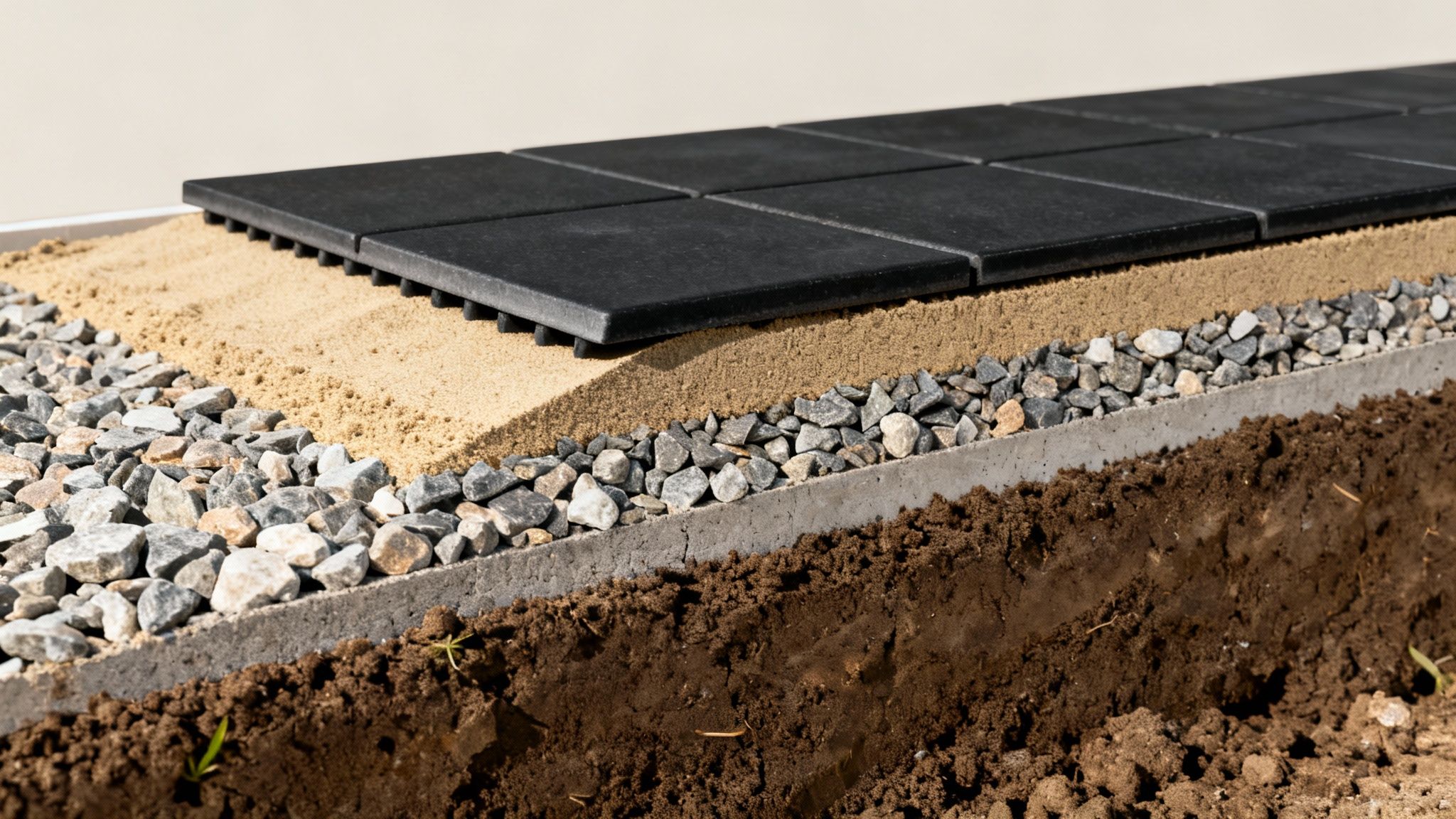 En professionel anlægger et solidt fundament for sorte fliser