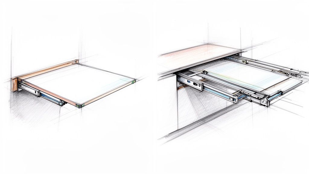 Moderne køkkenhylder smukt stylet med minimalistisk service og dekorative genstande, der skaber et let og personligt udtryk.