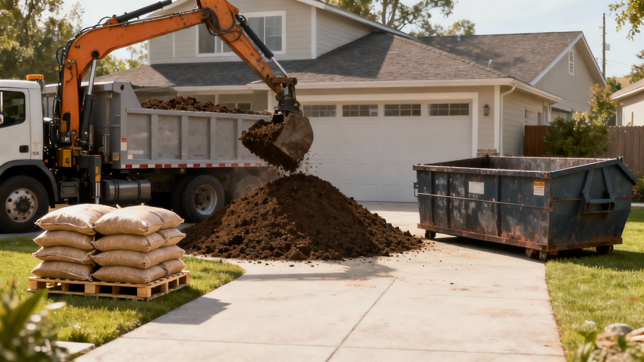 En gravemaskine læsser jord på en lastbil foran et hus, med en stor bunke jord og en affaldscontainer.