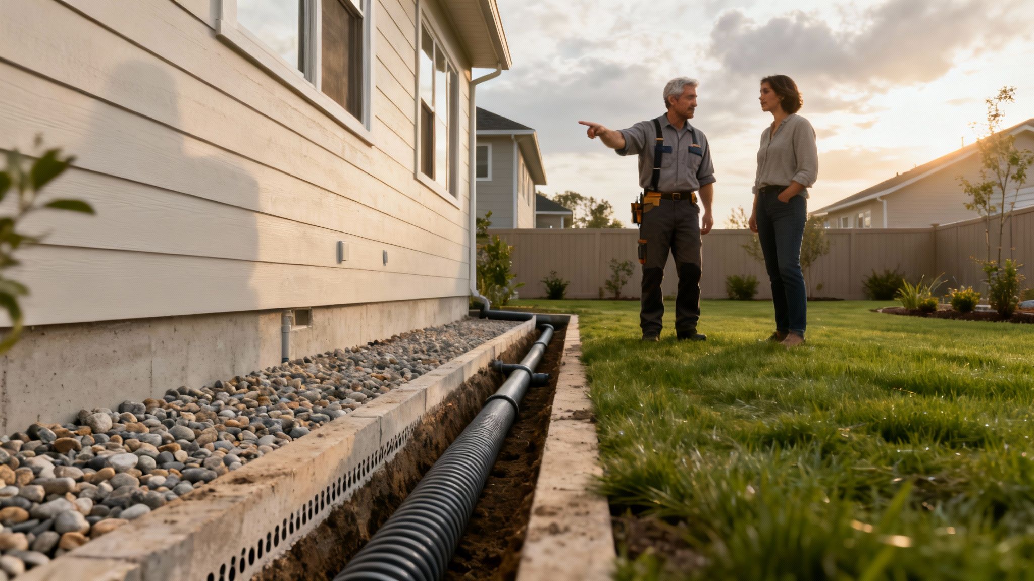 En mand peger og taler med en kvinde i en have, hvor der er installeret omfangsdræn langs husets fundament i solnedgangen.