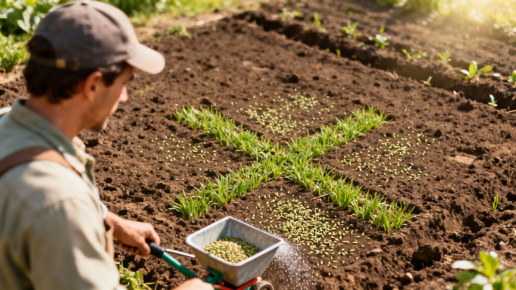 En mand sår græsfrø på en havegrund. Frø og spirer danner et kryds i den mørke jord.