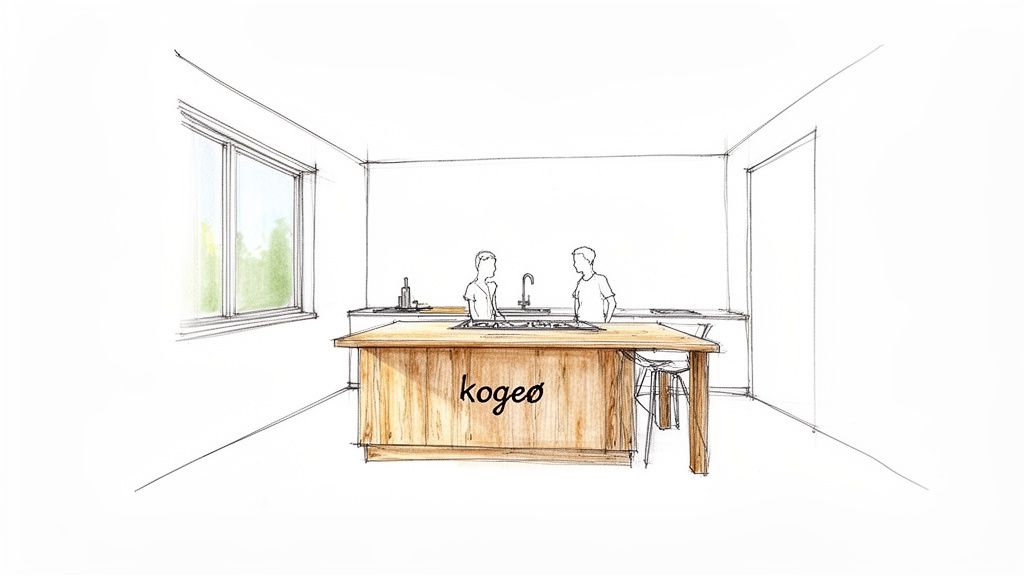 Skitse af moderne køkken med træ-kogeø, kogeplade, vask og to personer. Vindue til venstre.