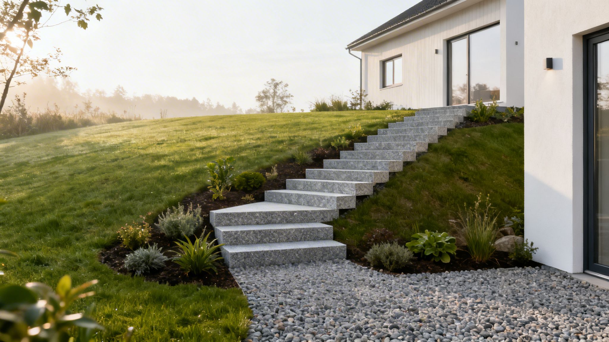 Udendørs stentrapper fører op til et moderne hus på en grøn bakke med morgentåge.
