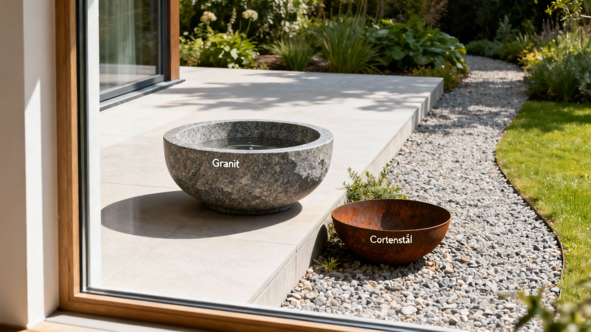 En granitvandskål og en cortenstålskål på en terrasse i en moderne have med grussti.