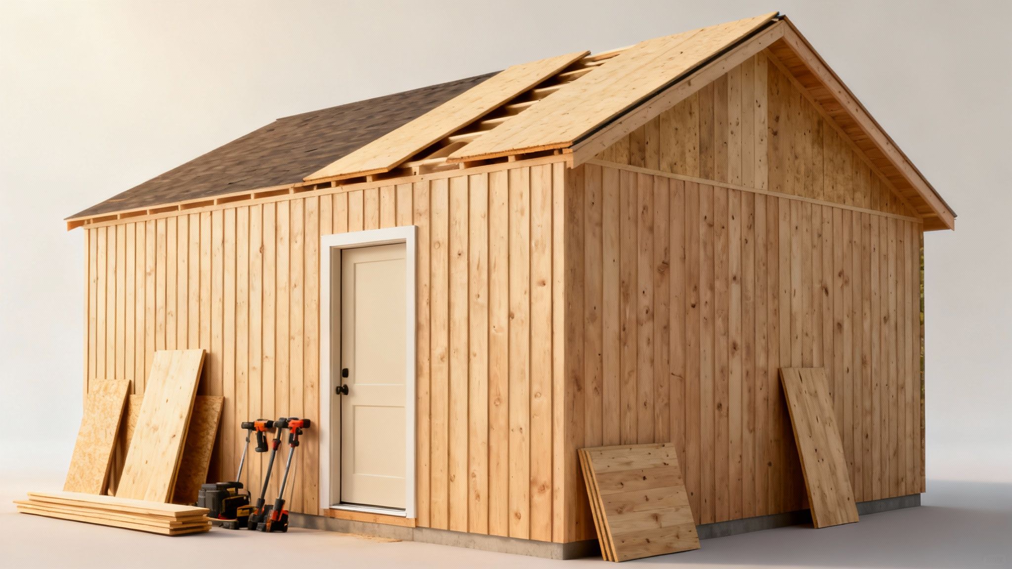 En person monterer beklædning og tag på et træskur under opførelse