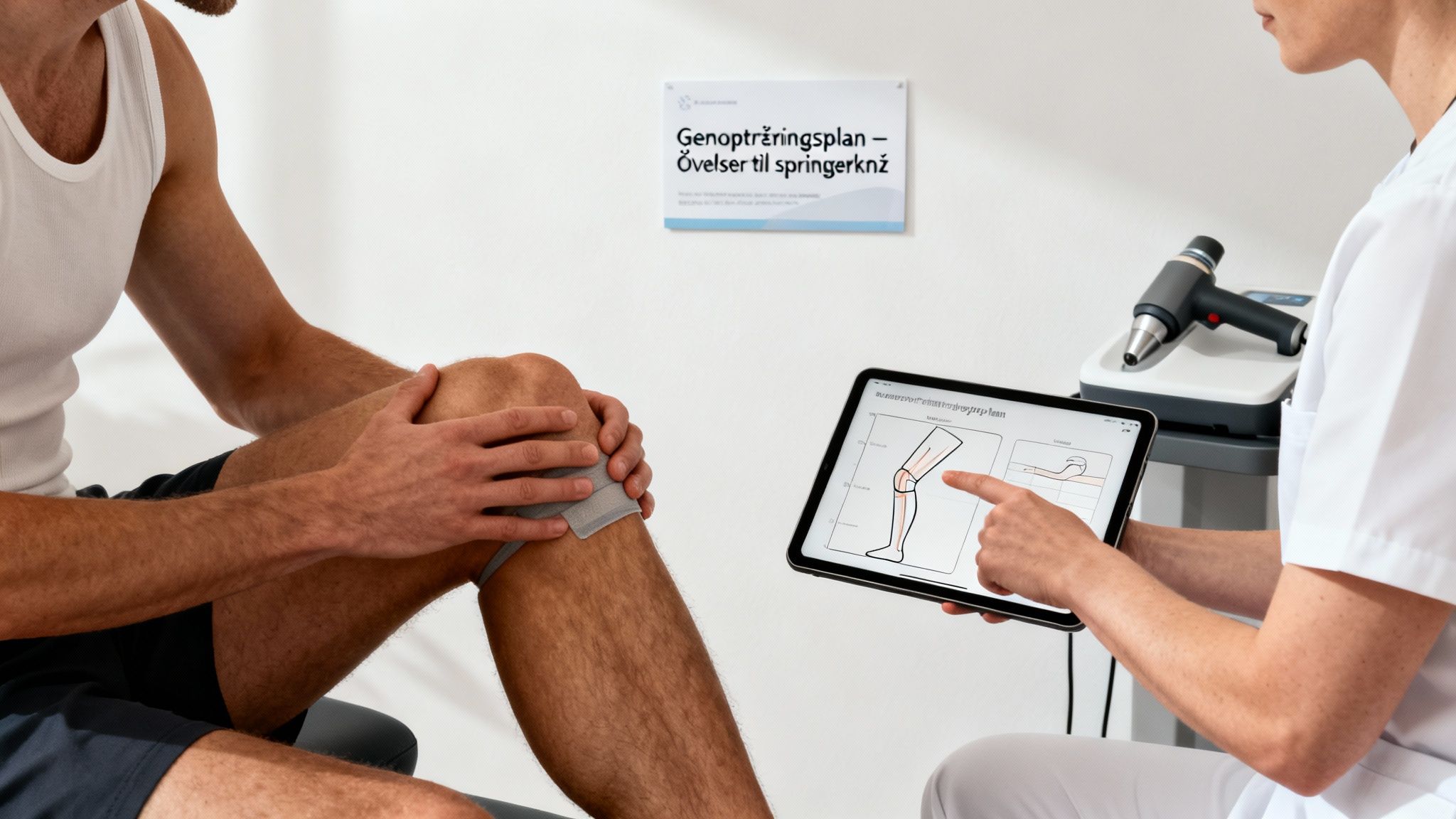 Patient med knæskade får vist genoptræningsøvelser til springerknæ af en professionel på en tablet.