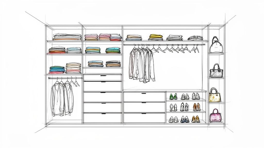 Detaljeret skitse af et walk-in-closet med tøj på hylder og bøjler, skuffer, sko og håndtasker organiseret.
