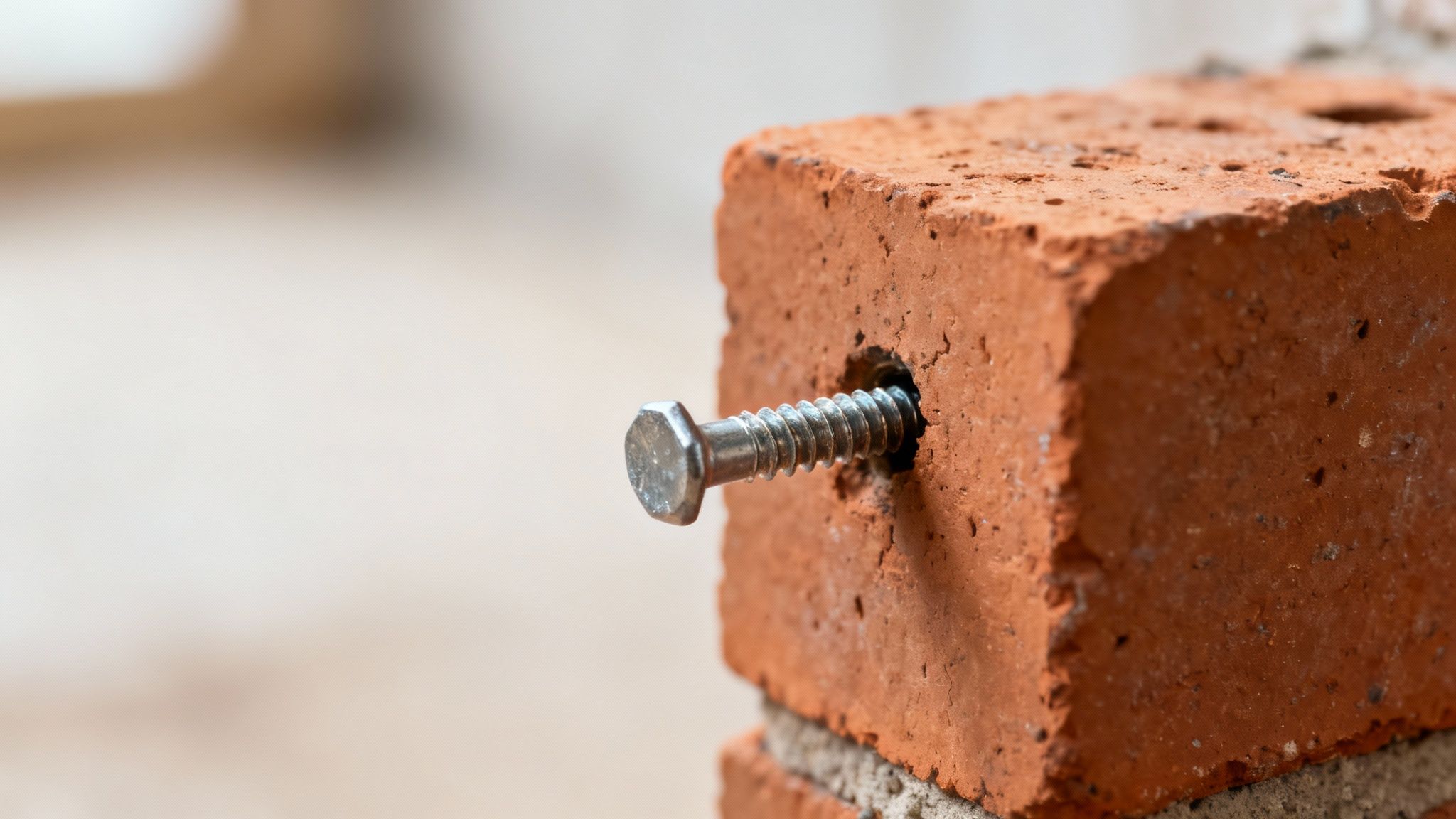 En metalskrue er delvist boret ind i en rød mursten, med fugen synlig nedenunder.