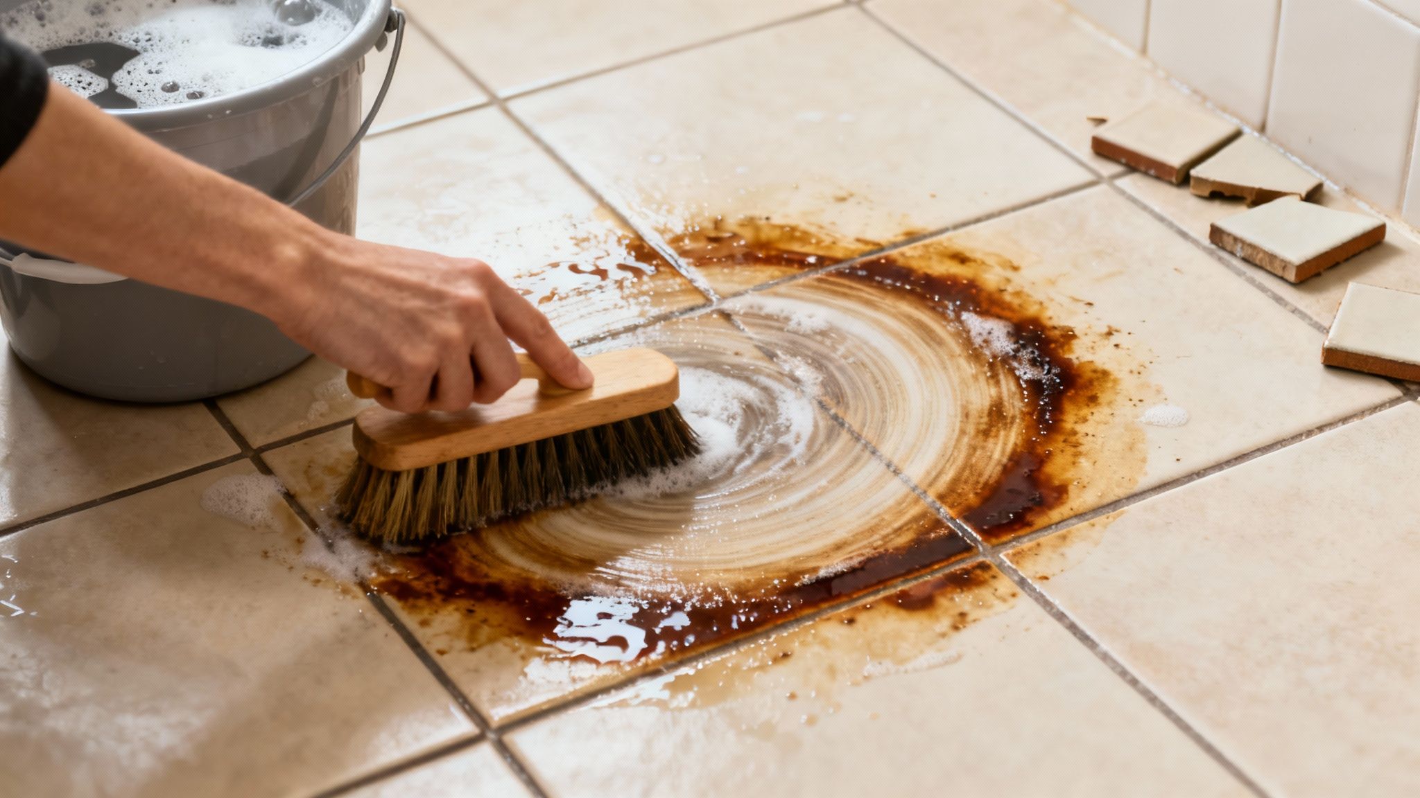 En person skrubber fliser med en børste og sæbevand.