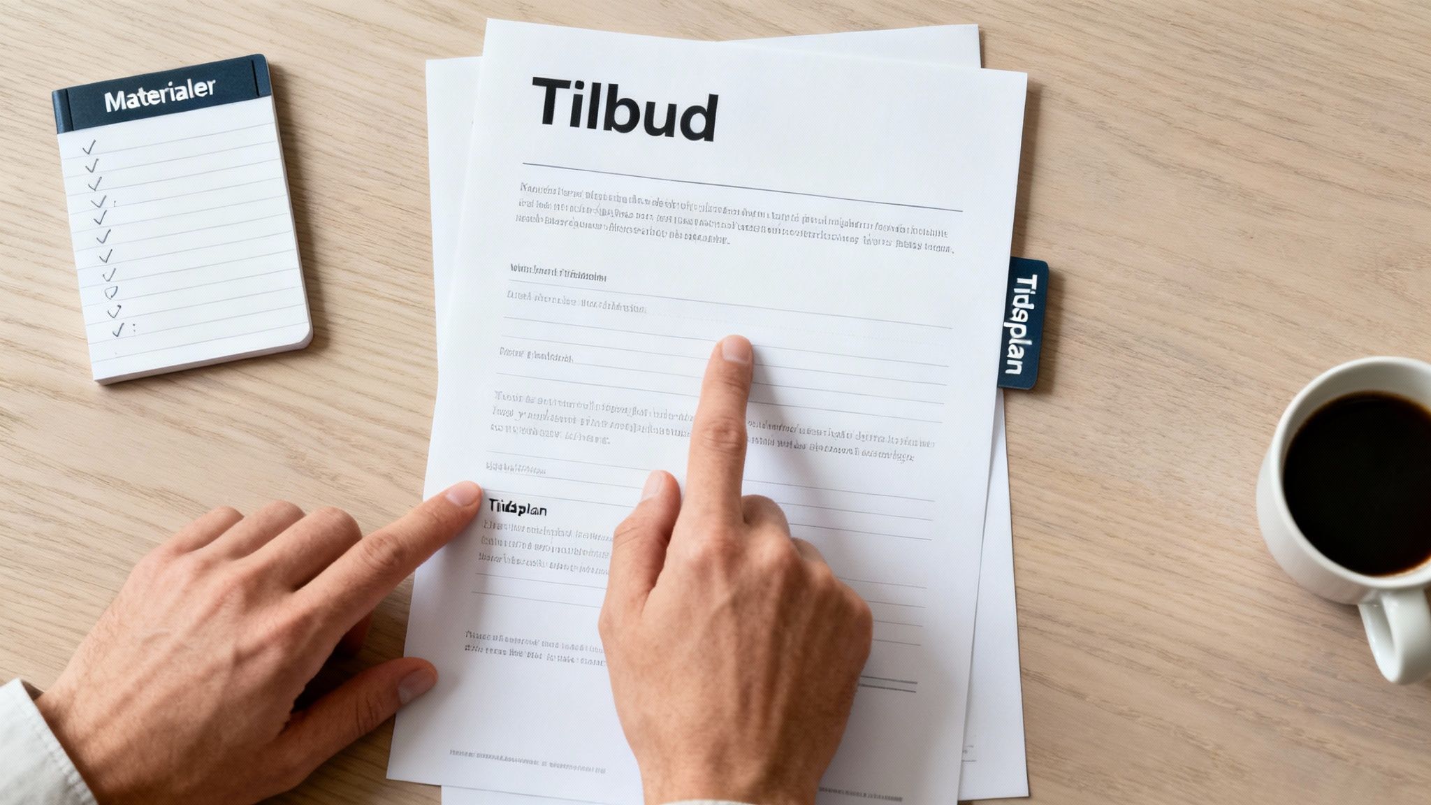 Hænder peger på et Tilbud-dokument, Materialer-blok og Tidsplan-fane på et træbord med kaffe. Velegnet til projektstyring.