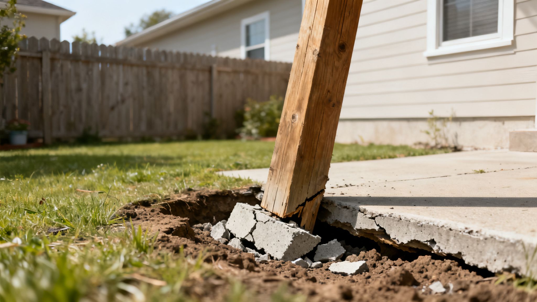 Et træstolpe, der bryder gennem fliset beton og jord, ved siden af et hus og hegn i en have.