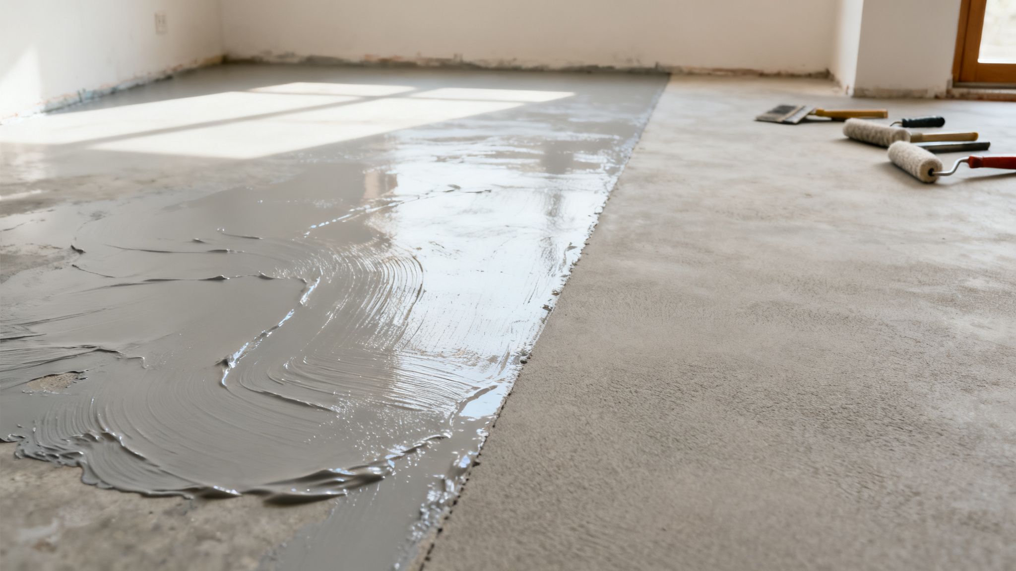 Et betongulv under forberedelse med grå grunder påført den ene halvdel og værktøj liggende klar.