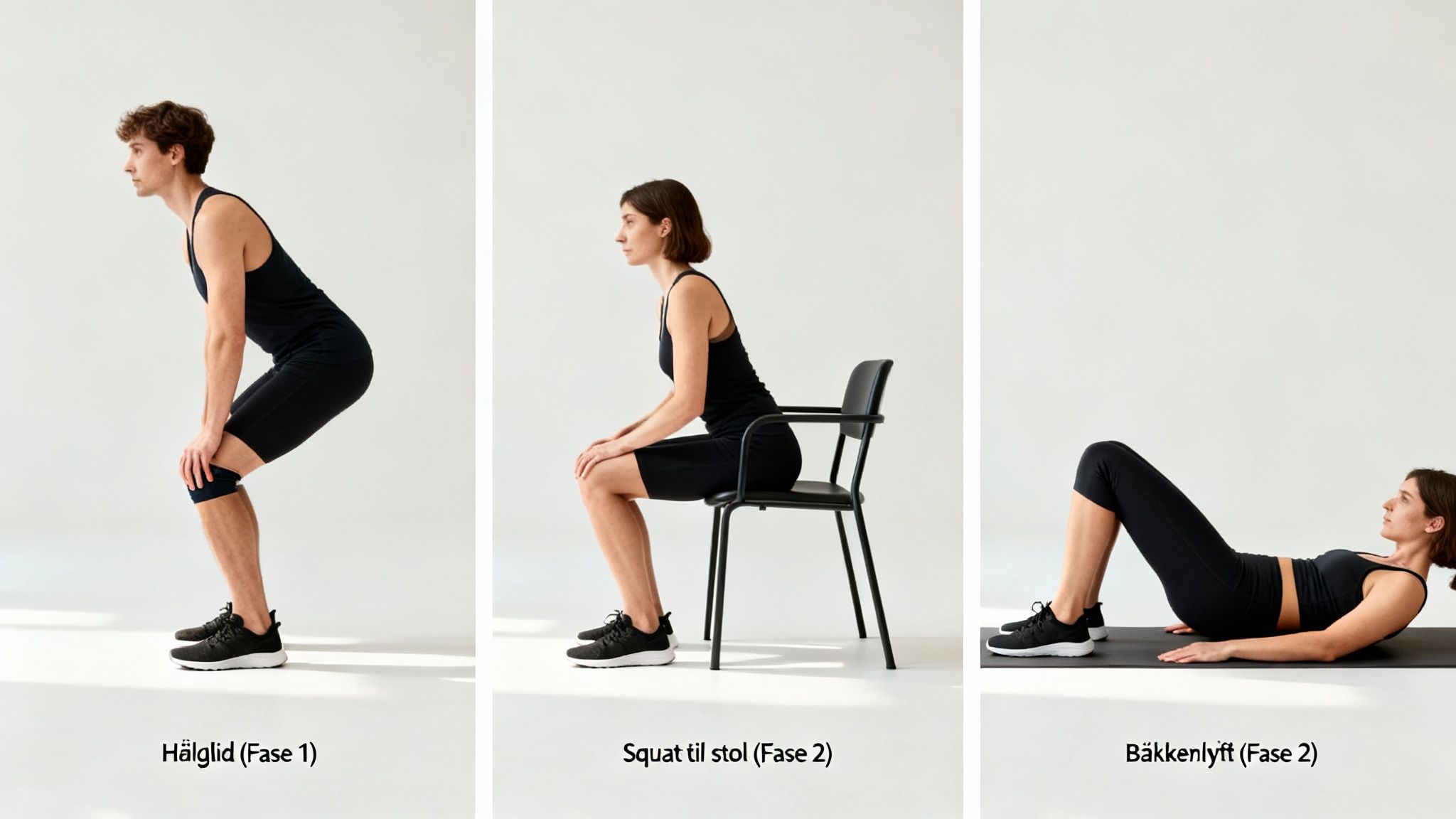 Tre billeder viser knægenoptræningsøvelser: Hælgild, Squat til stol og Bækkenløft i forskellige faser.