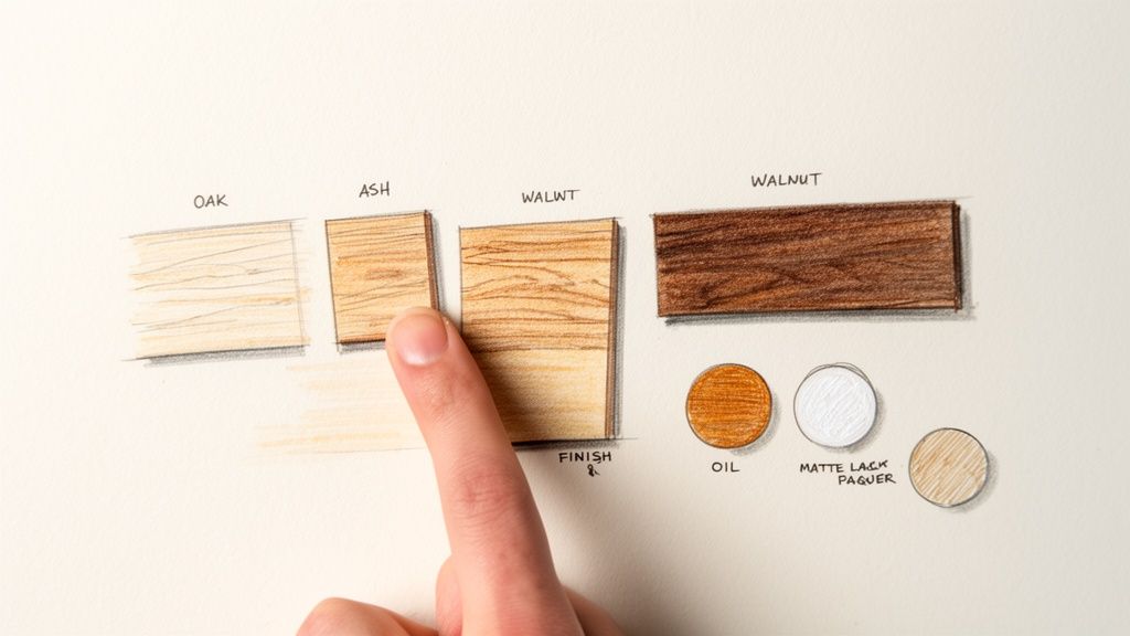 En hånd peger på forskellige træprøver af eg, ask og valnød, der viser forskellige finish-muligheder som olie og mat lak.