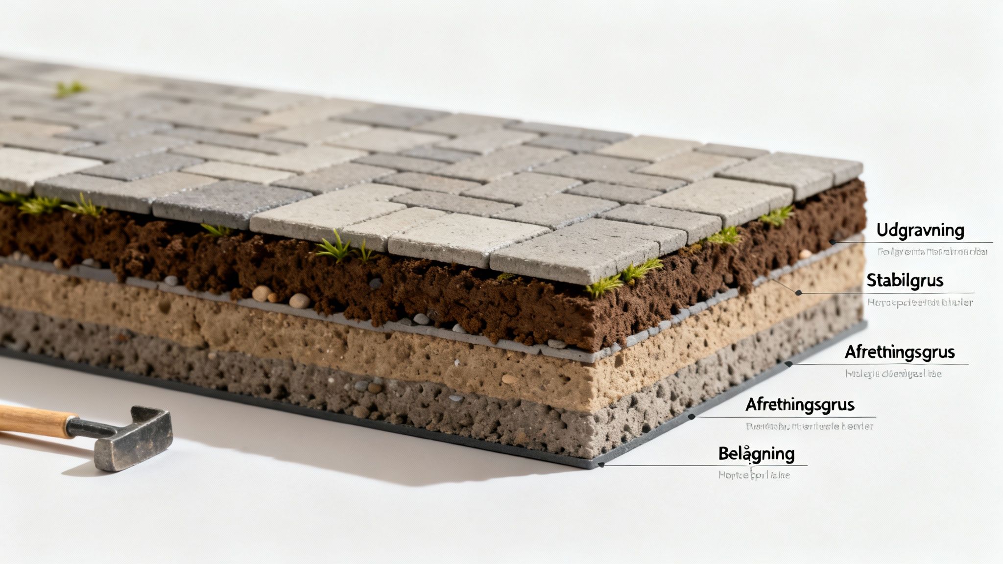 Tværsnit der viser lagene af en brolagt overflade, inklusive udgravning, stabilgrus, afretningsgrus og belægning.