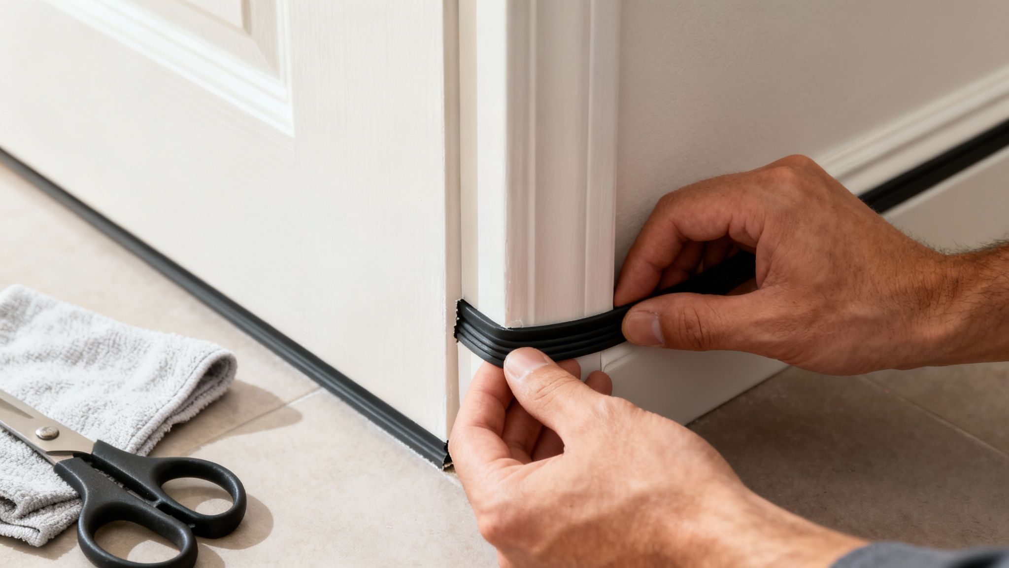 Hænder påfører sort tætningsliste langs en hvid dørkarm. Saks og klud ligger på gulvet.