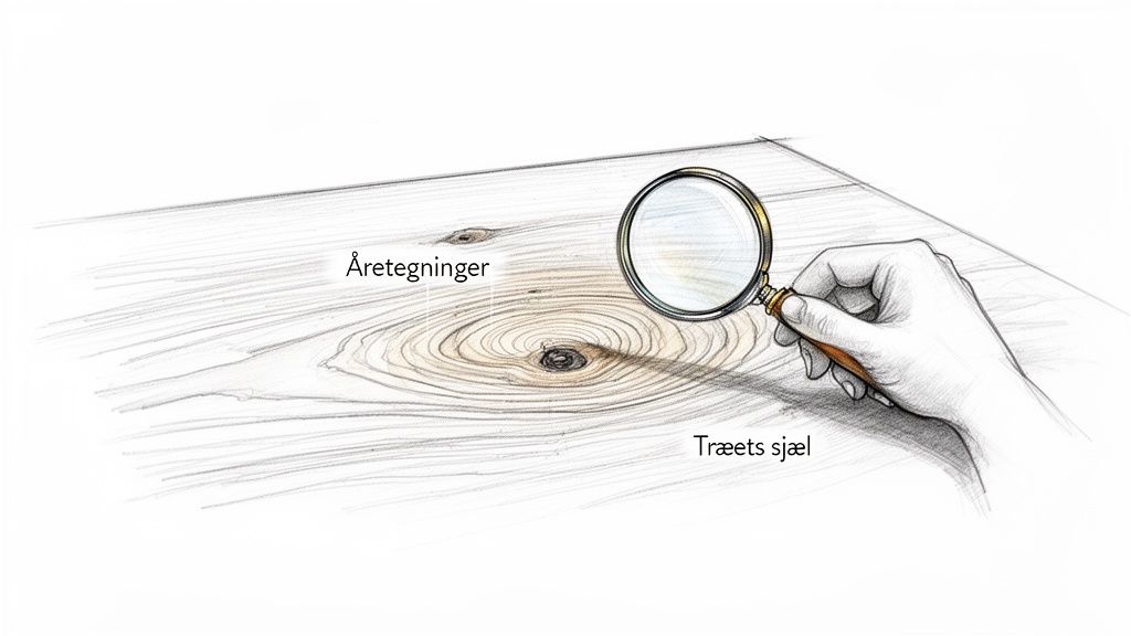 En hånd holder et forstørrelsesglas over en træbordplade for at vise åretegninger og træets sjæl.