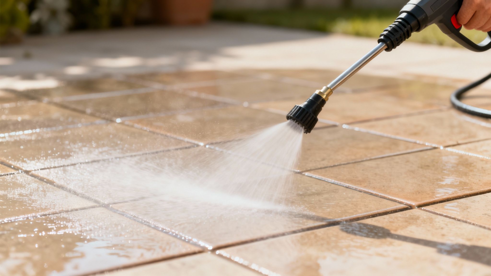 En terrassevasker i aktion, som jævnt renser fliser uden at skade dem.