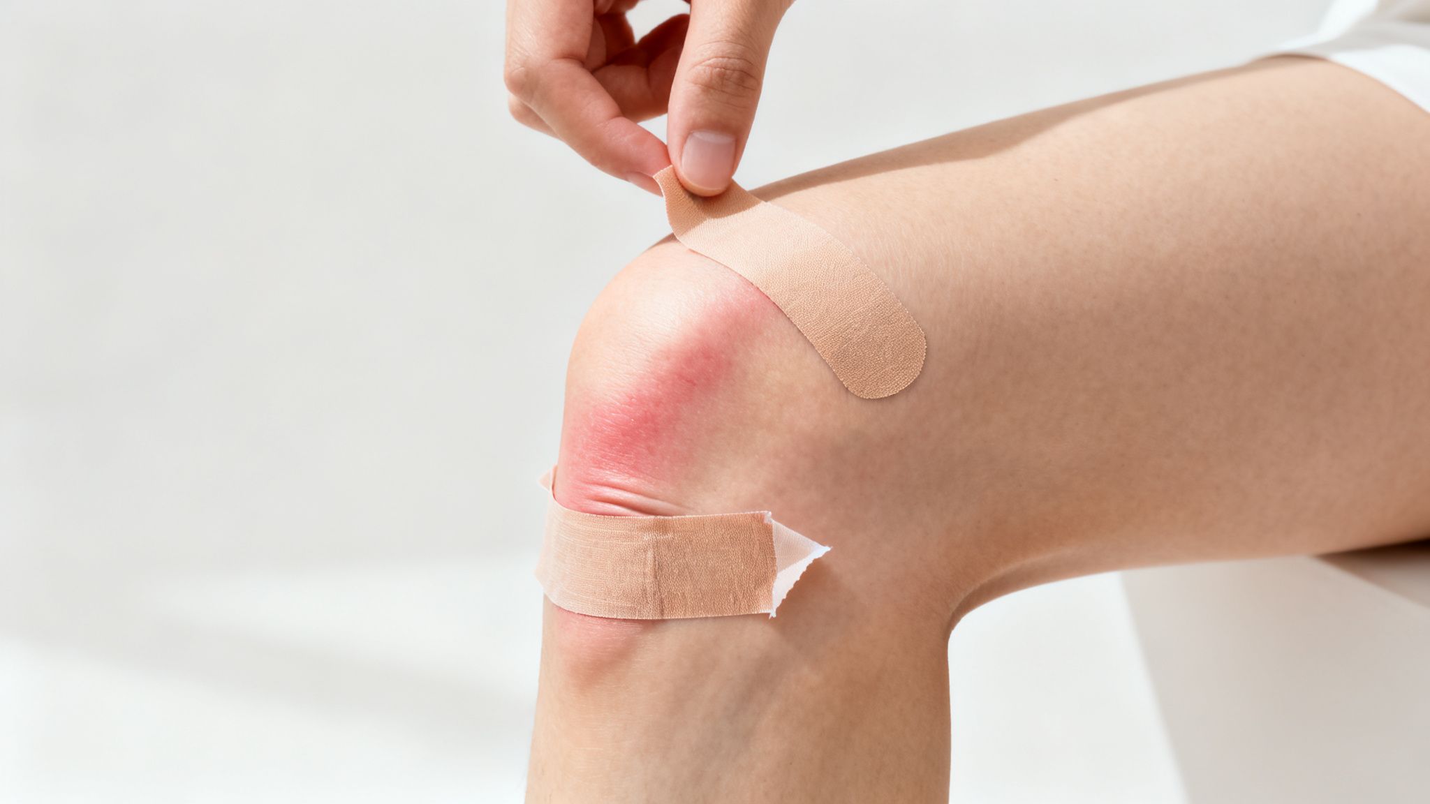 En hånd påfører et hudfarvet plaster på et rødt, irriteret knæ.