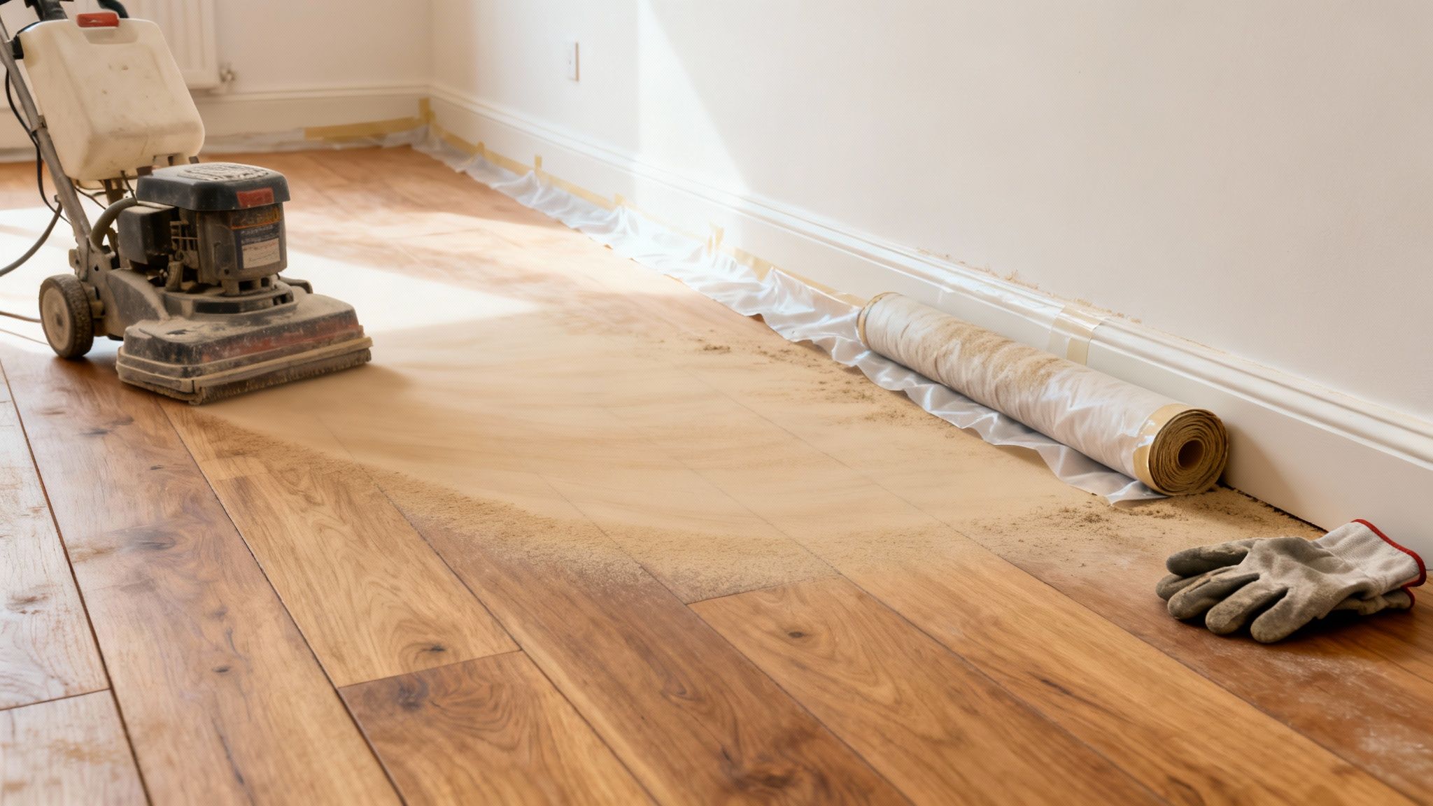 En gulvsliber på et trægulv, der sliber, med savsmuld, afdækning og arbejdshandsker på gulvet.