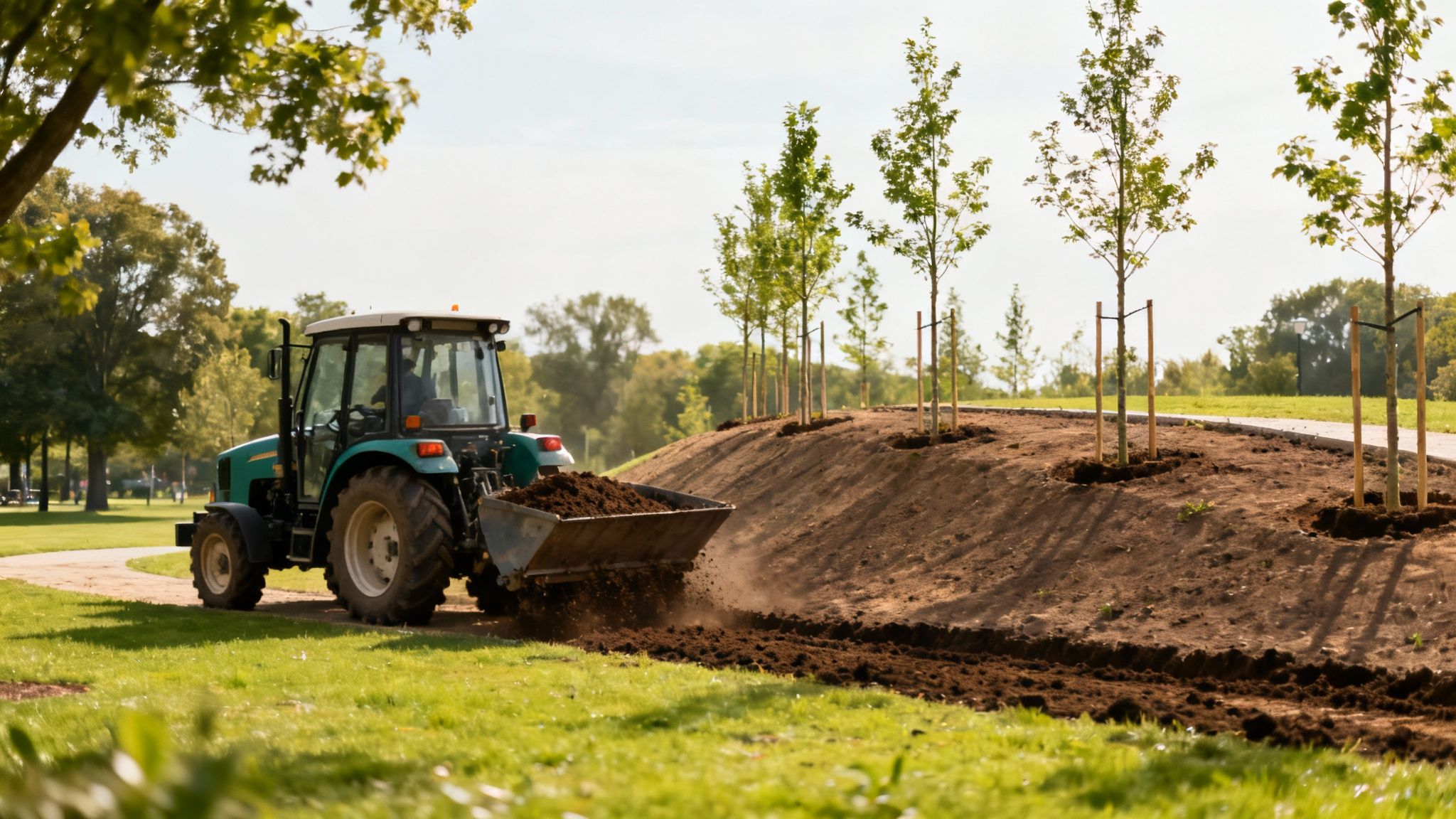 Grøn traktor læsser jord langs en nyplantet skråning med unge træer i en park.