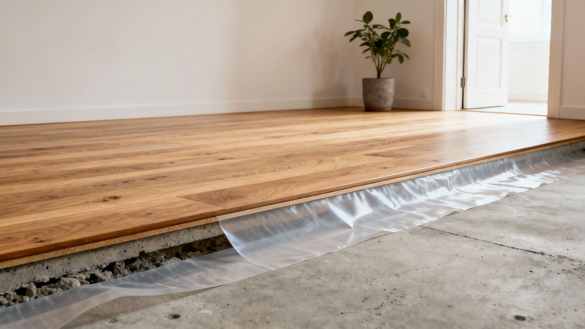 Installation af nyt trægulv med dampspærre over et betongulv i et lyst rum.