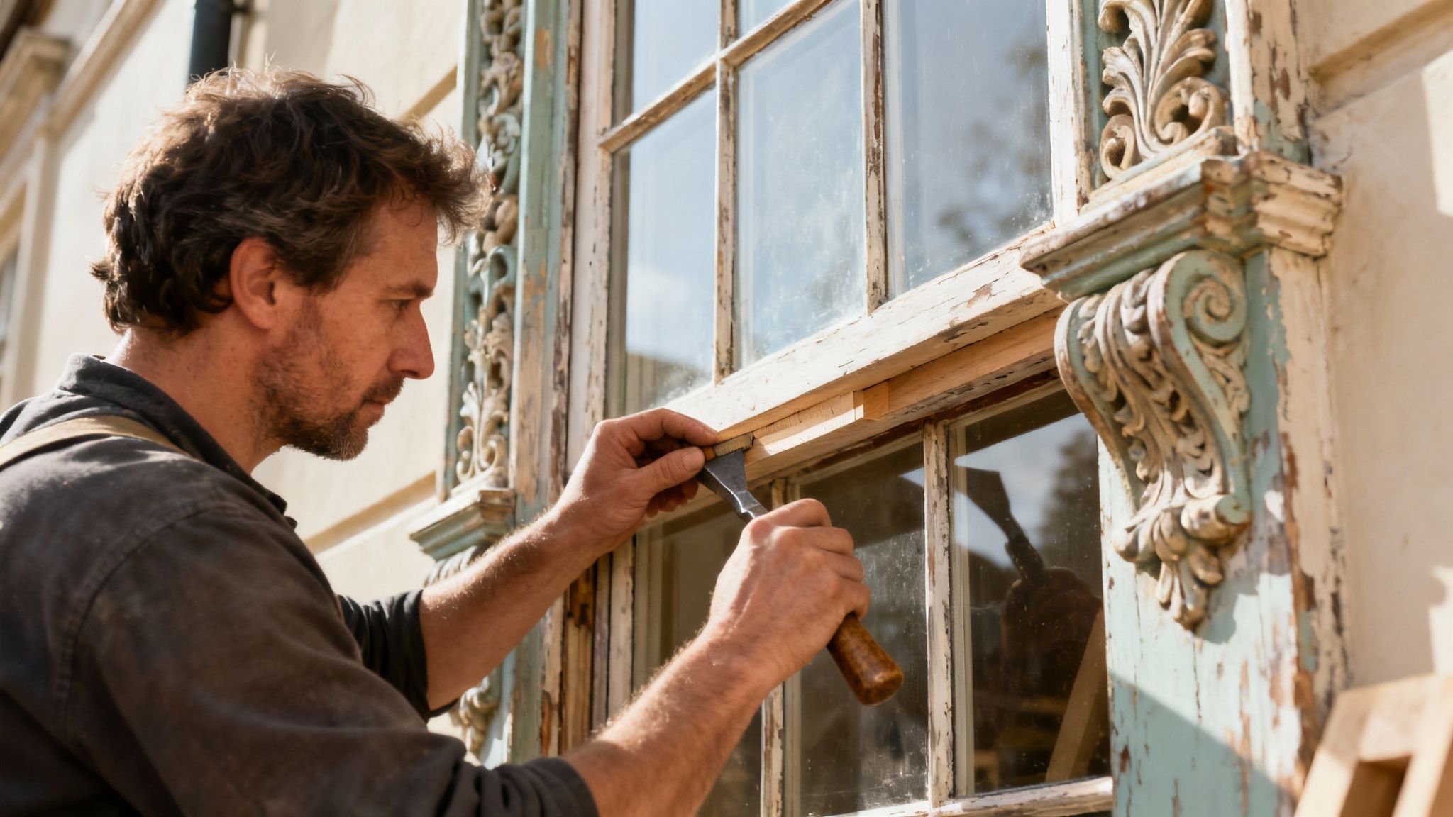 En håndværker skraber gammel maling af et trævindue med dekorative udskæringer.