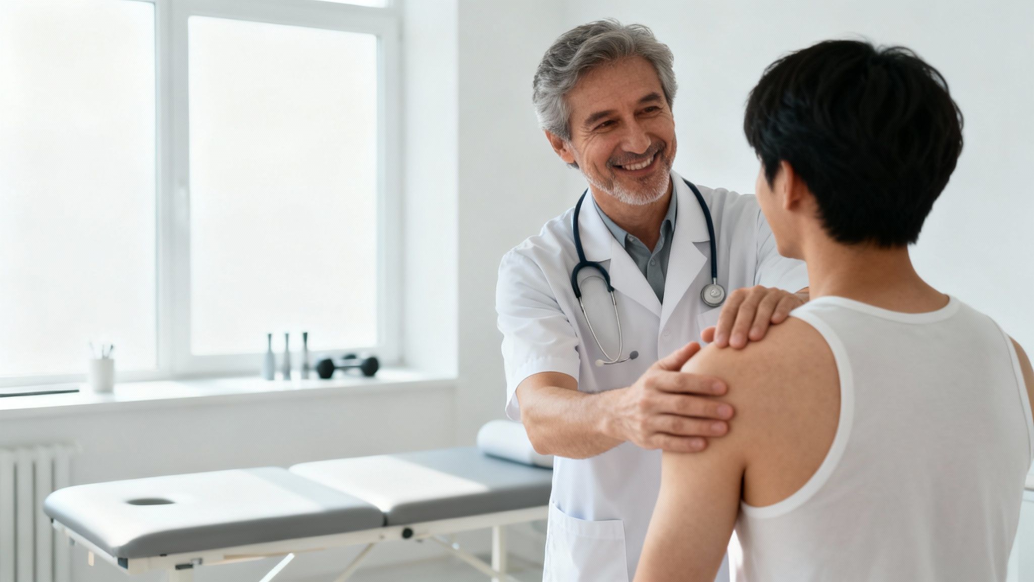 En smilende mandlig læge undersøger en patients skulder under en konsultation i et lyst rum.