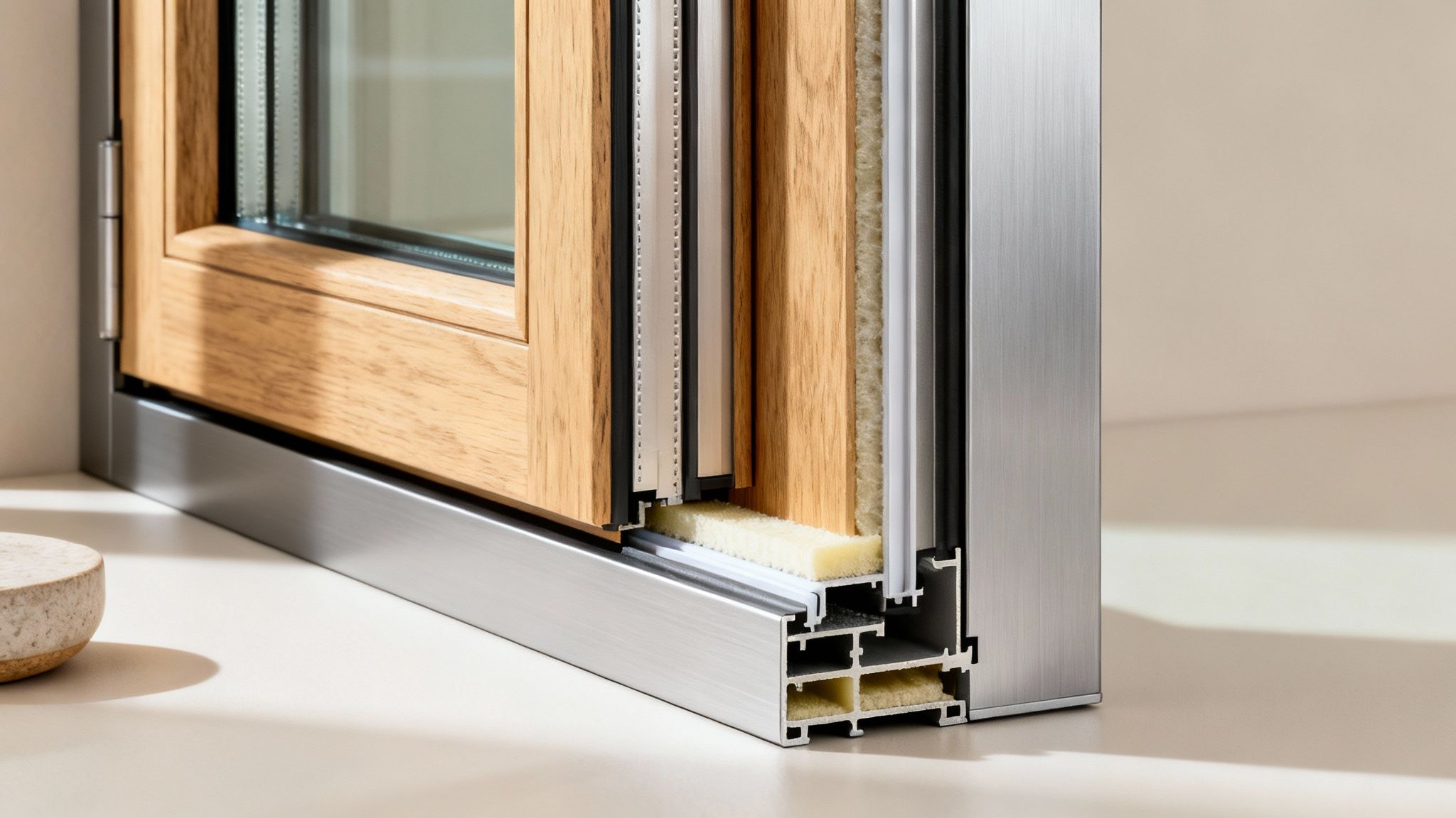 Tværsnit af et moderne vindue, der viser trærammen, metalbeklædningen og isoleringsmaterialerne tydeligt.