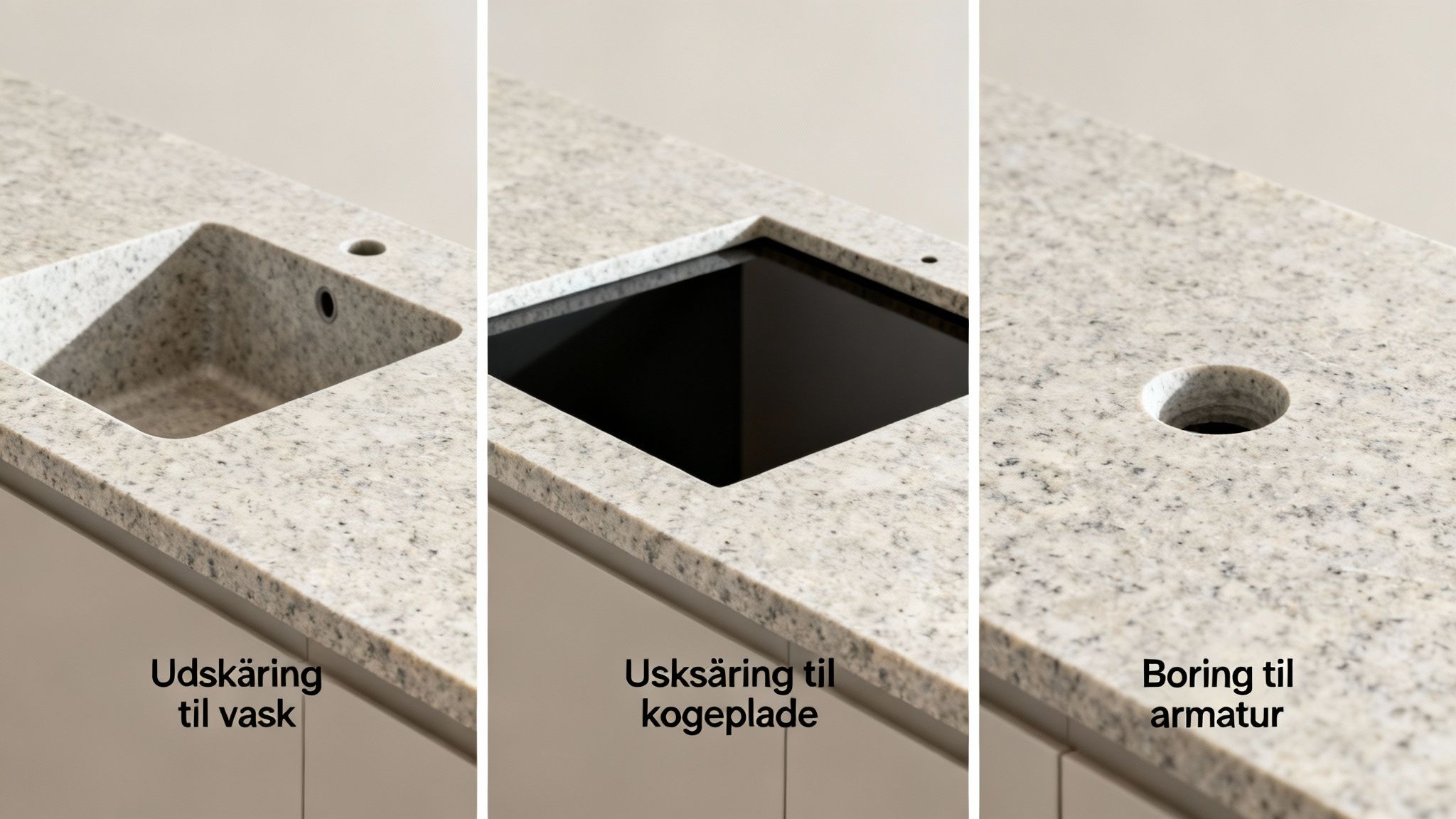 Tre nærbilleder af en lys granitbordplade med udskæringer til vask, kogeplade og et hul til armatur.