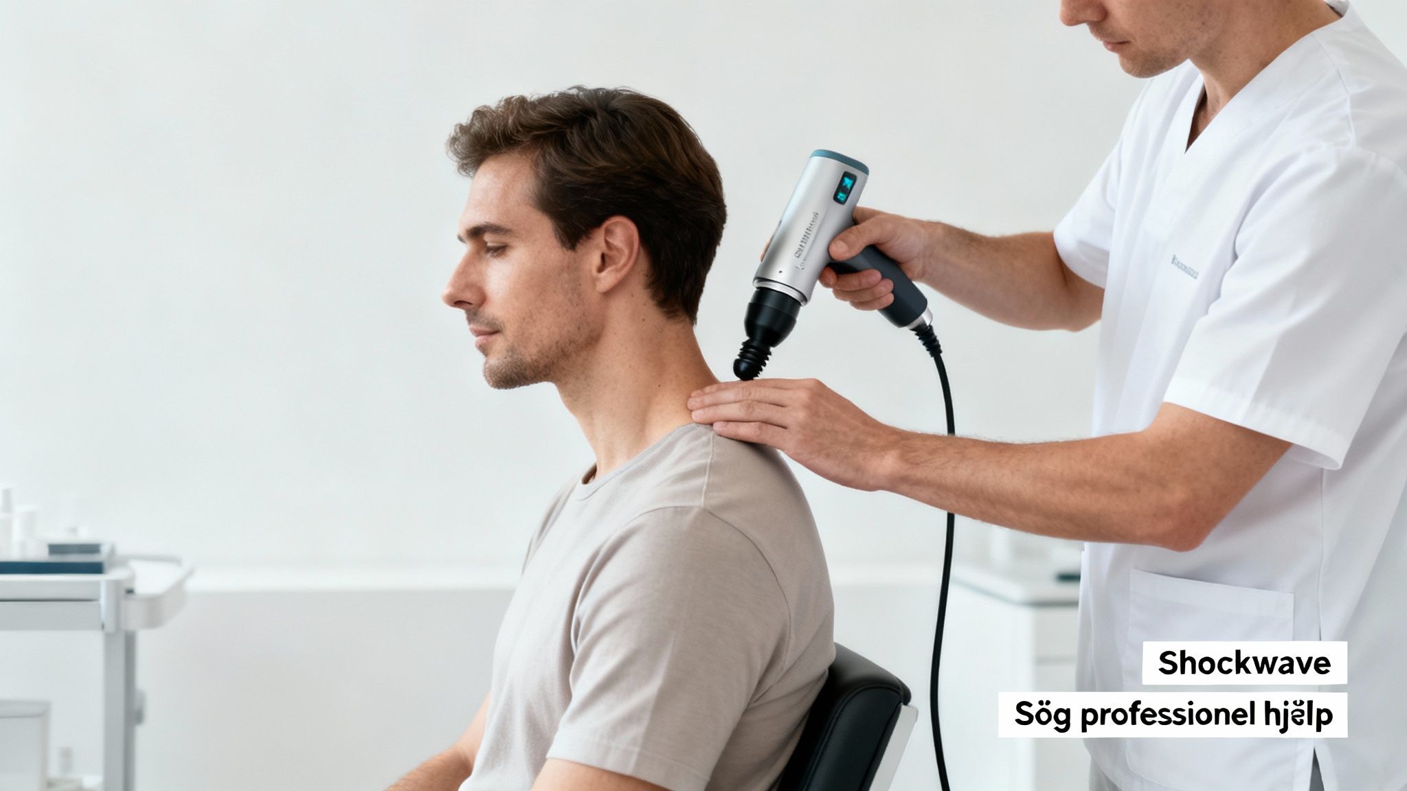 En mand modtager professionel shockwave-behandling på nakken af en behandler i en klinik.