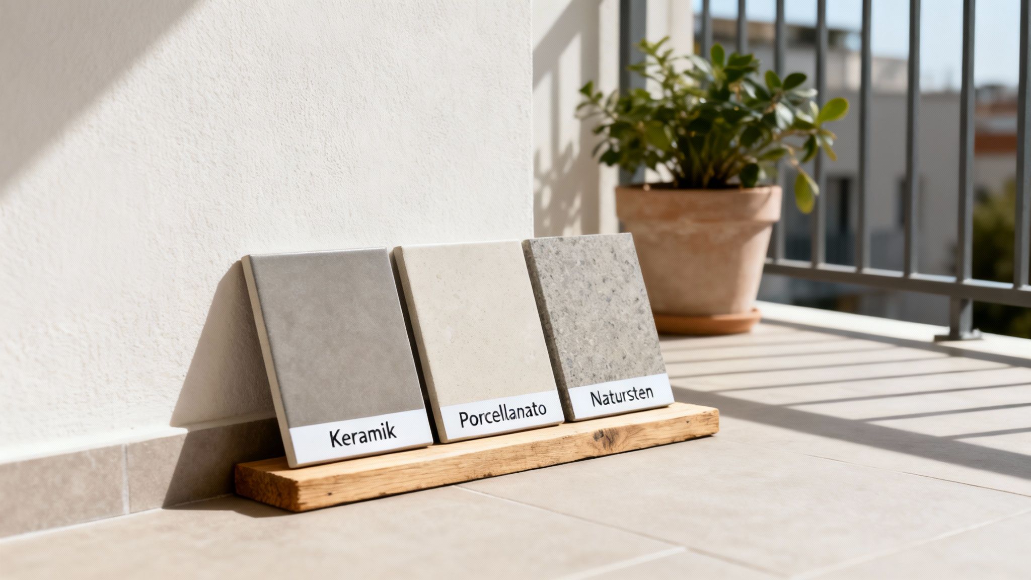 Tre fliseprøver (keramik, porcelæn, natursten) vist på en altan for at vælge det perfekte gulv.