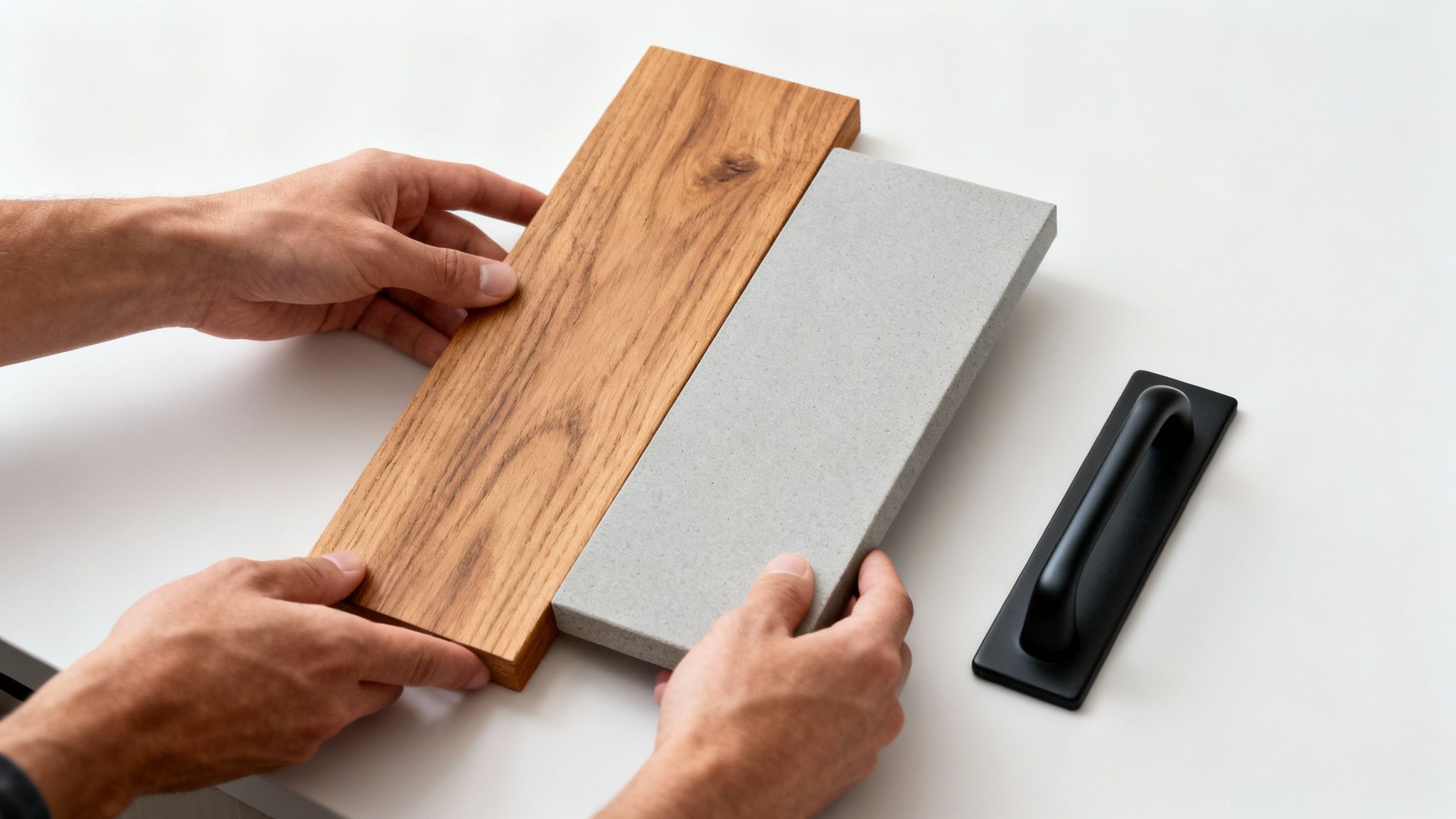 Hænder holder træ og grå stenprøver, der vælger materialer til et nyt køkken, med et sort greb ved siden af.