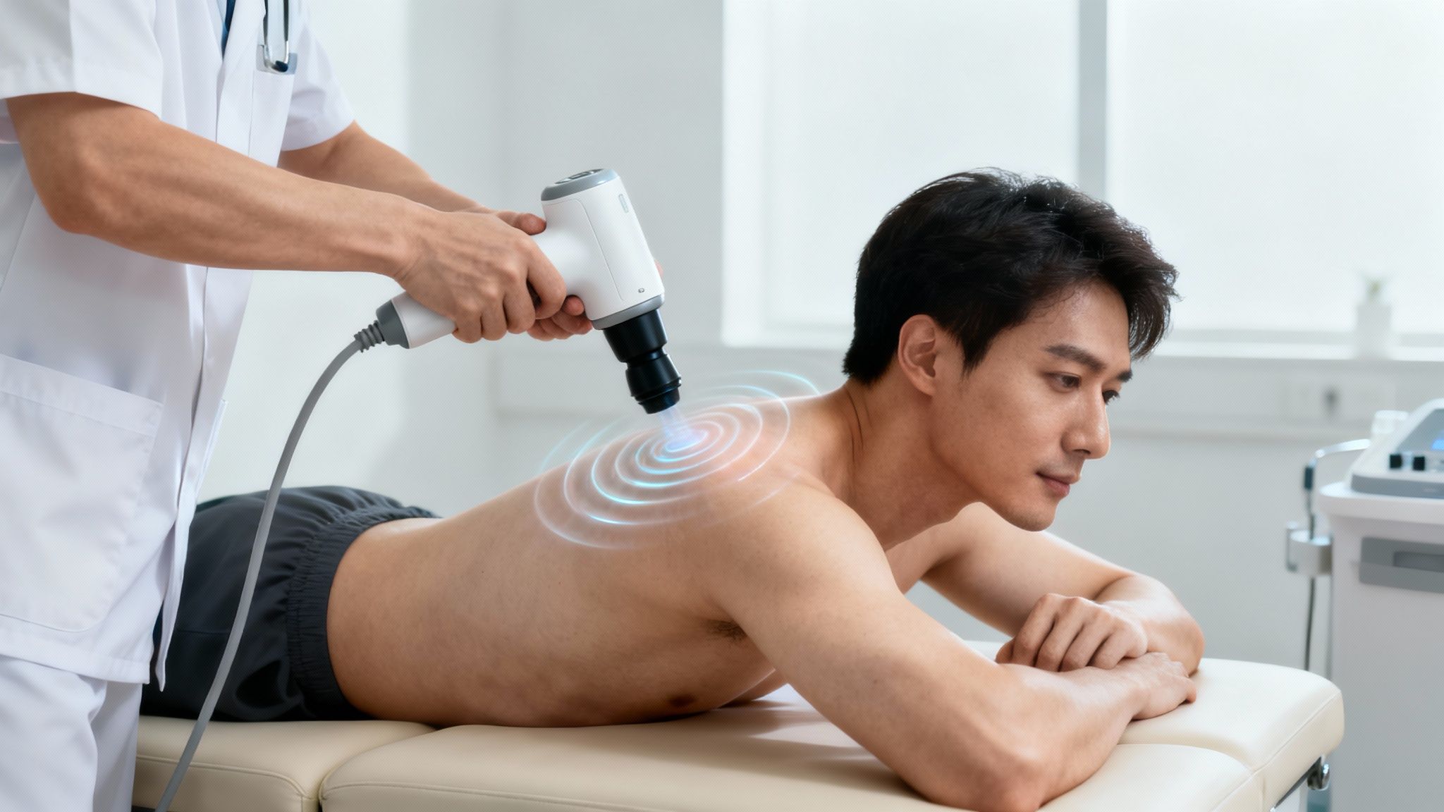 Mand modtager fysioterapeutisk behandling på skulderen med et moderne apparat, der afgiver energi.