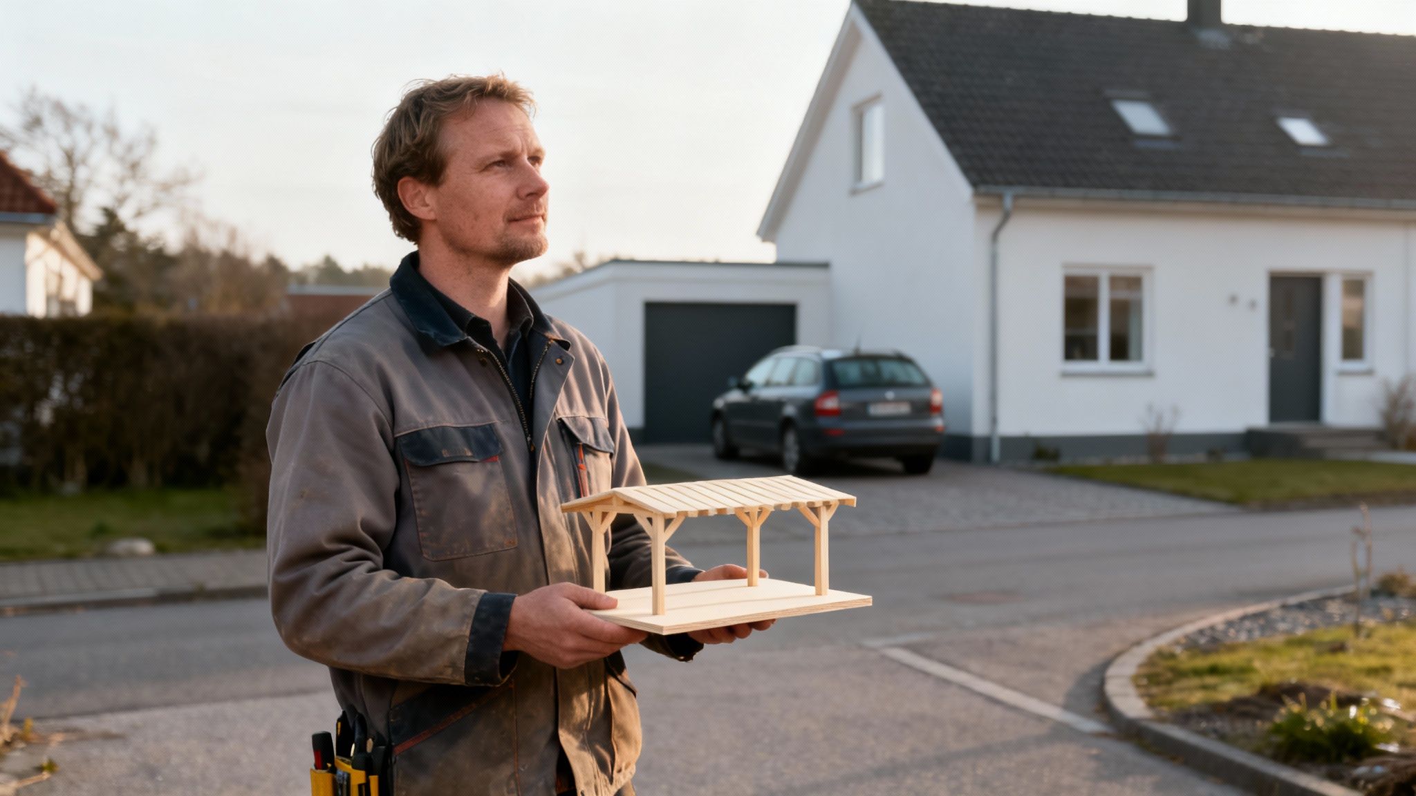Håndværker holder model af carport og ser ud over området, måske planlægger han et nyt byggeprojekt.